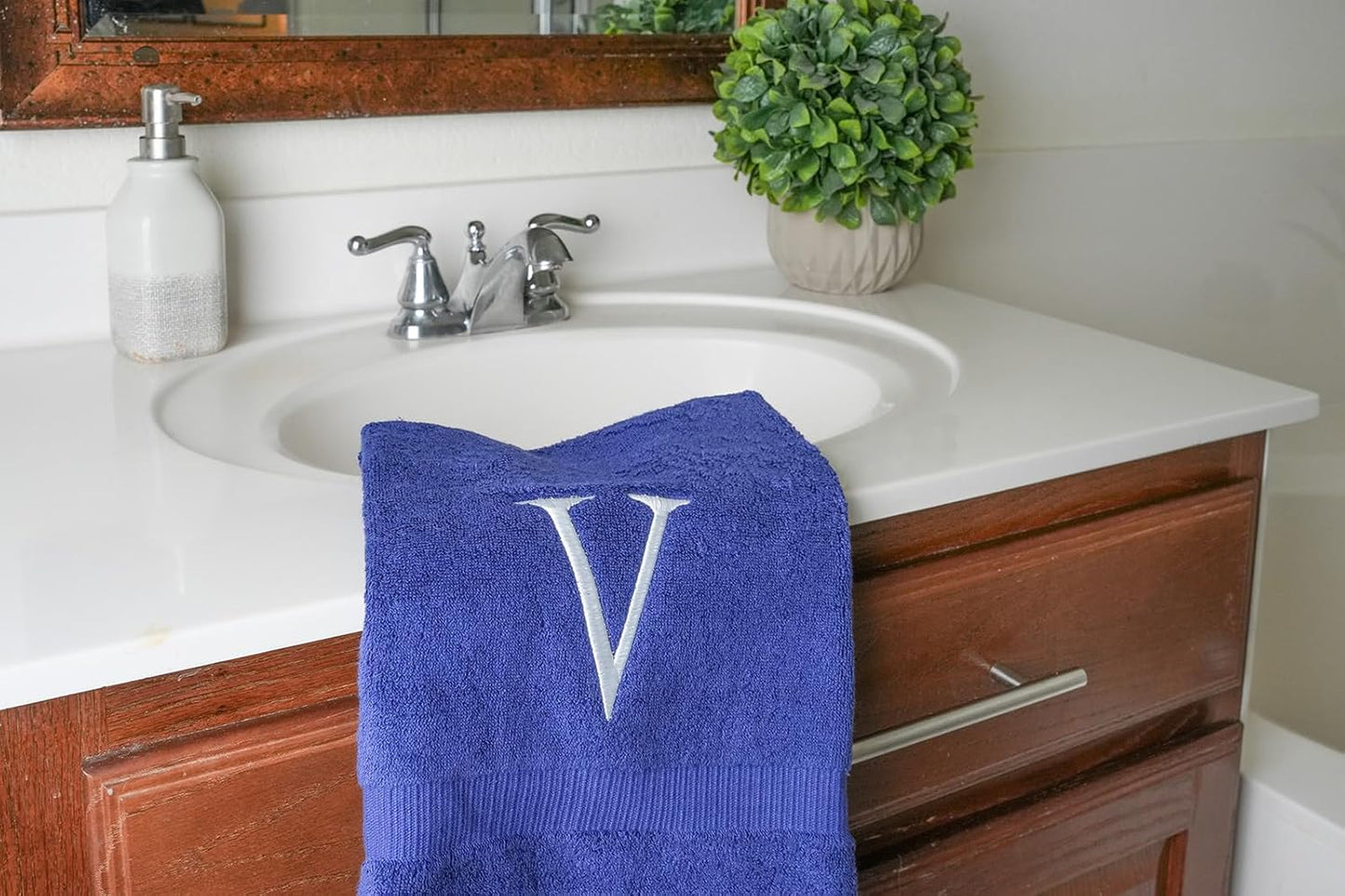 Navy with White Monogrammed Hand Towels for Bathroom - Set of 2 Letter V | Luxury Hotel Quality Initial Towels For
