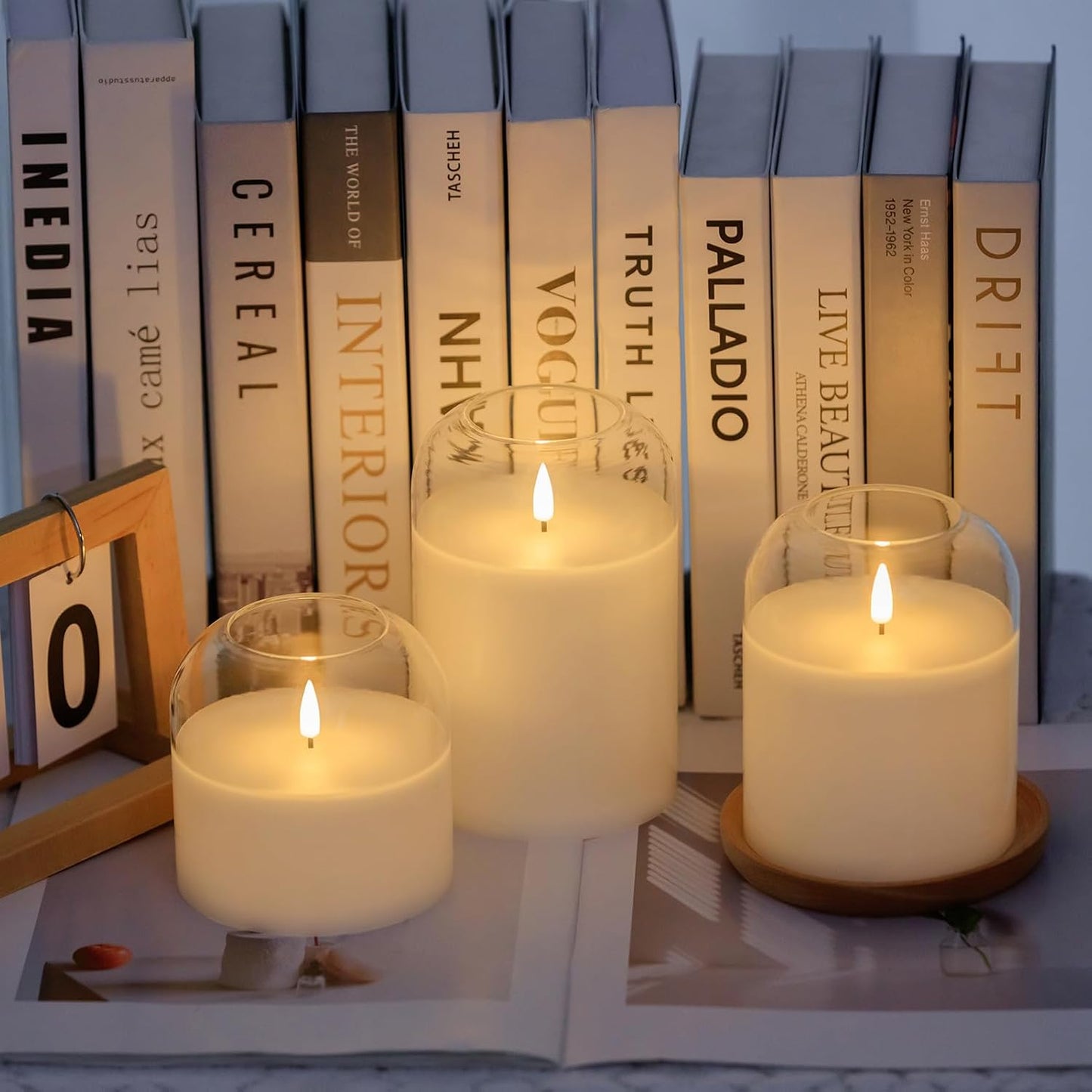 volnyus Clear Glass Flameless Candles with Remote Battery Operated Flickering LED Pillar Candles Real Wax Wick Φ 3" H