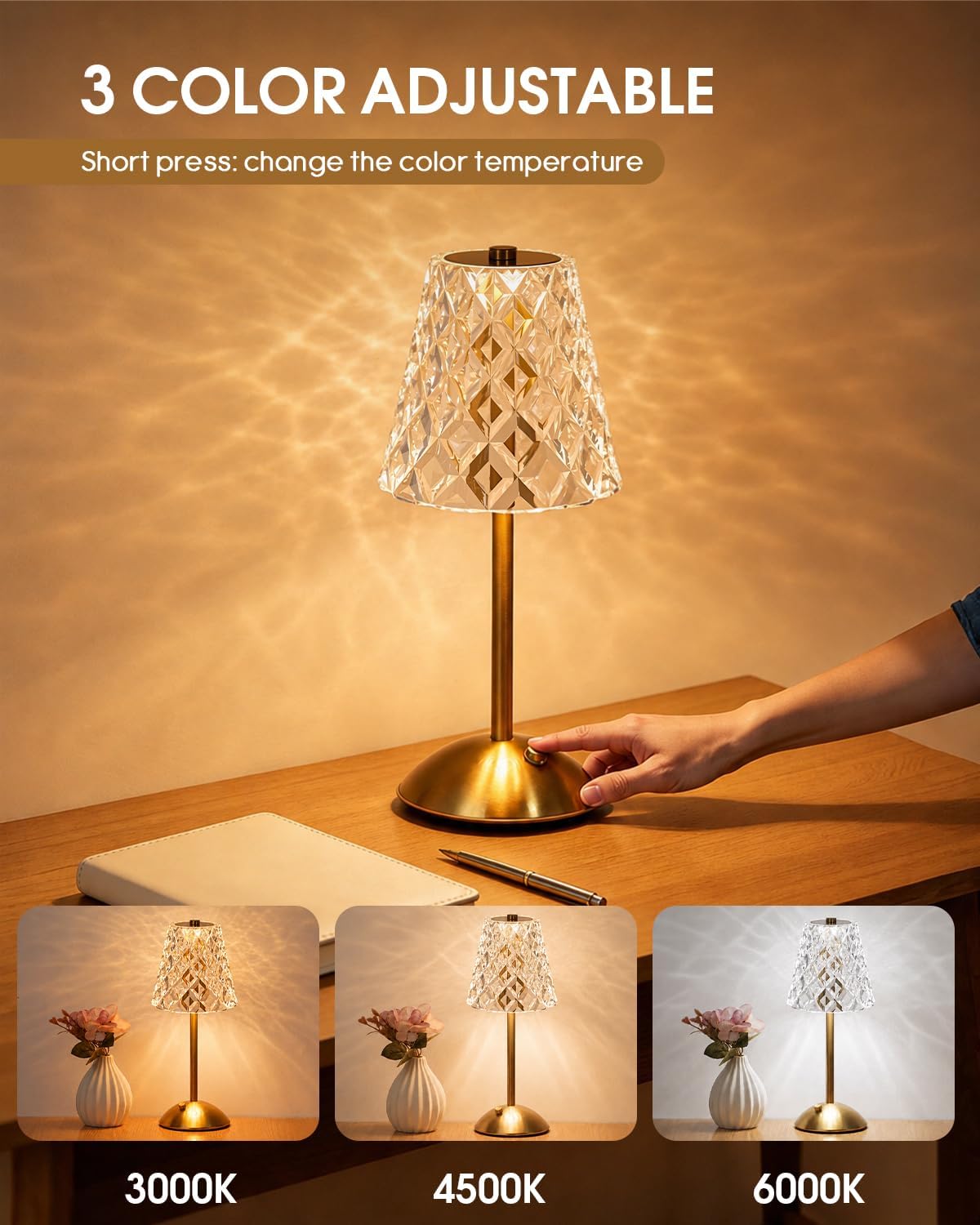 Nusogon Rechargeable Cordless Table Lamp, Gold Small Battery Powered Lamp | 3 Color Dimmable Small Bedside Lamp, LED