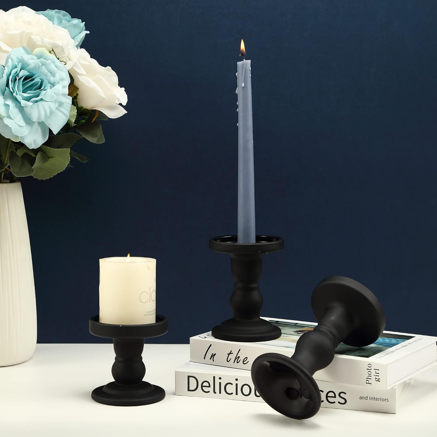 GMWD 3 Pcs Black Glass Candle Holder Set Clear, Candlesticks Holders Pillar Taper Candles Tealight Stand for Wedding