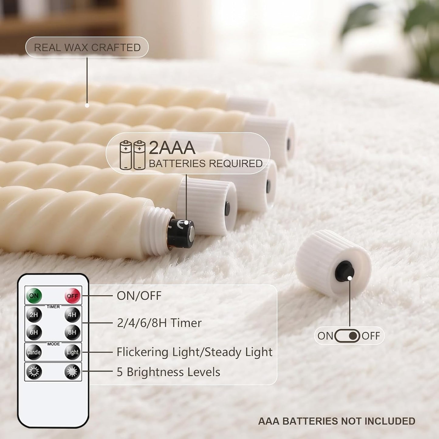 Ivory Flameless Taper Candles Flickering with Remote Timer | LED Spiral Taper Candles, Flameless Candlesticks, Battery