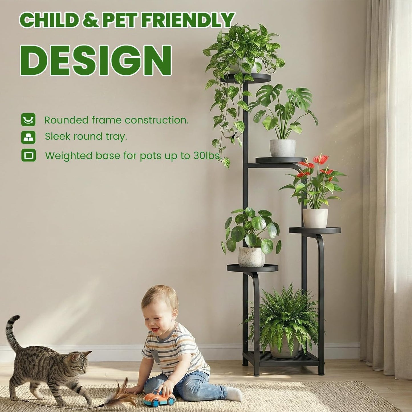 TOSKING Tall 5-Tier Metal Plant Stand with Grow Light for Indoor Corners | Black | Full-Spectrum Lighting | Adjustable