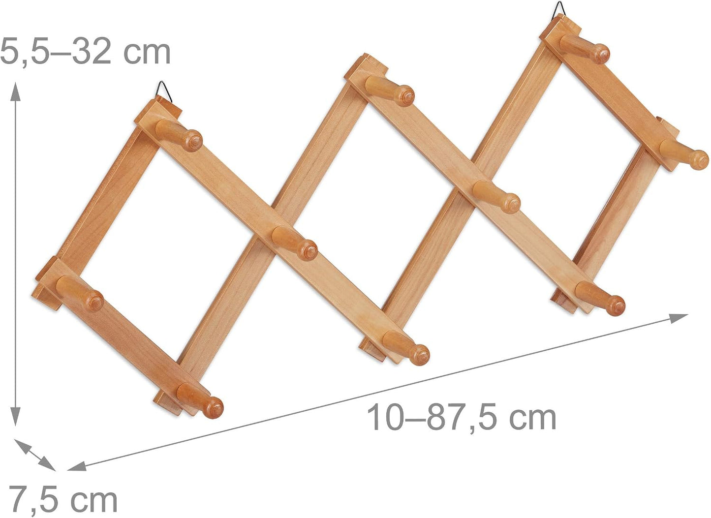 Relaxdays Wall-Mounted Coat Rack, Extendable Wardrobe, 10 Hooks, Stable, Wood, max. HWD: 5.5 x 87.5 x 7.5 cm, Natural