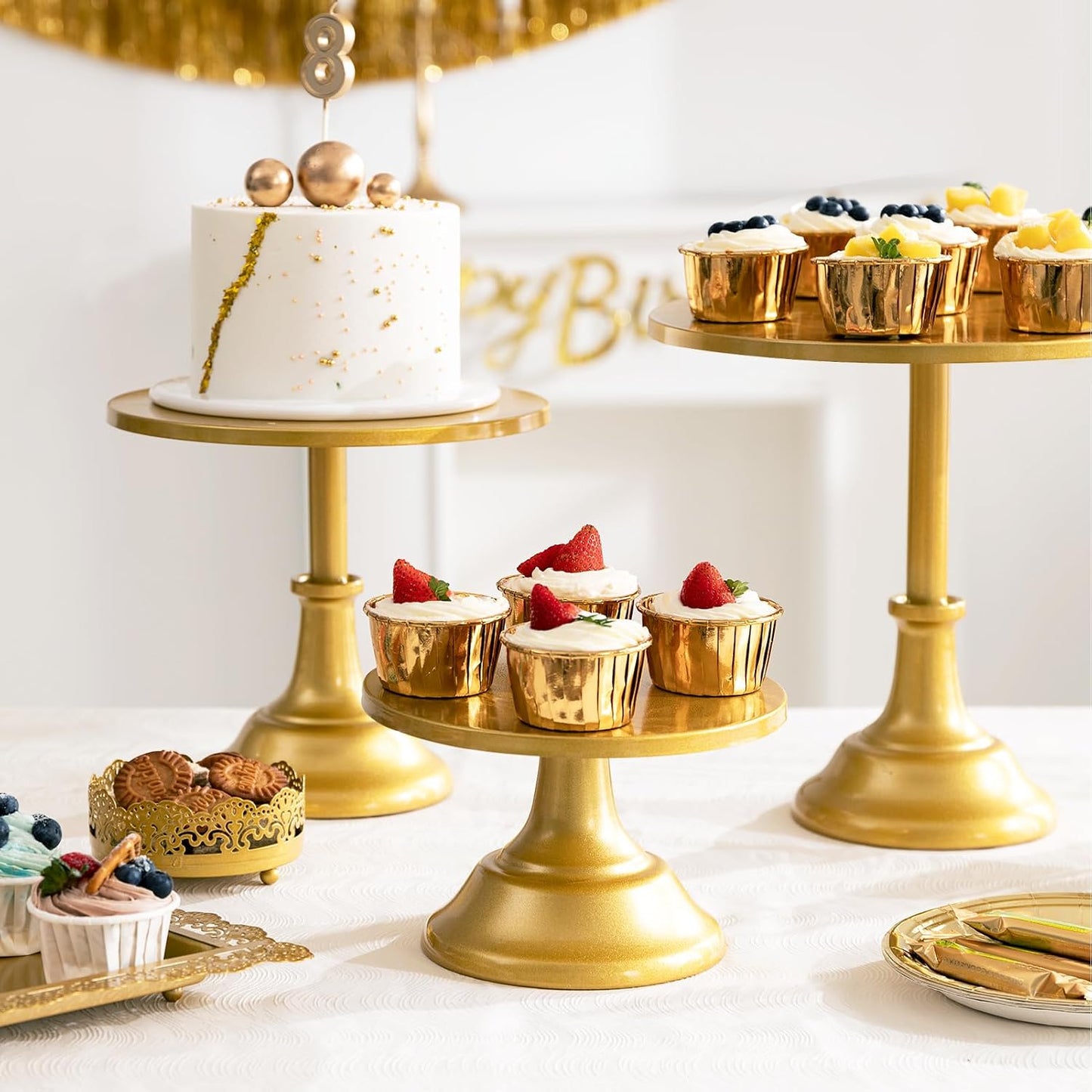 HBlife 3 PCS Gold Cake Stand Set (8"/10"/12" Cake Plate), Metal | Interchangeable Bases&Plates, Dessert Table Display