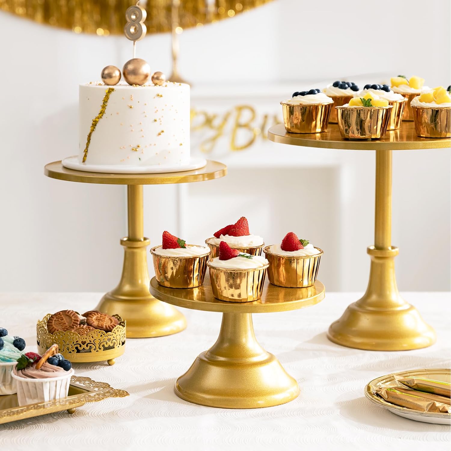 HBlife 3 PCS Gold Cake Stand Set (8"/10"/12" Cake Plate), Metal | Interchangeable Bases&Plates, Dessert Table Display