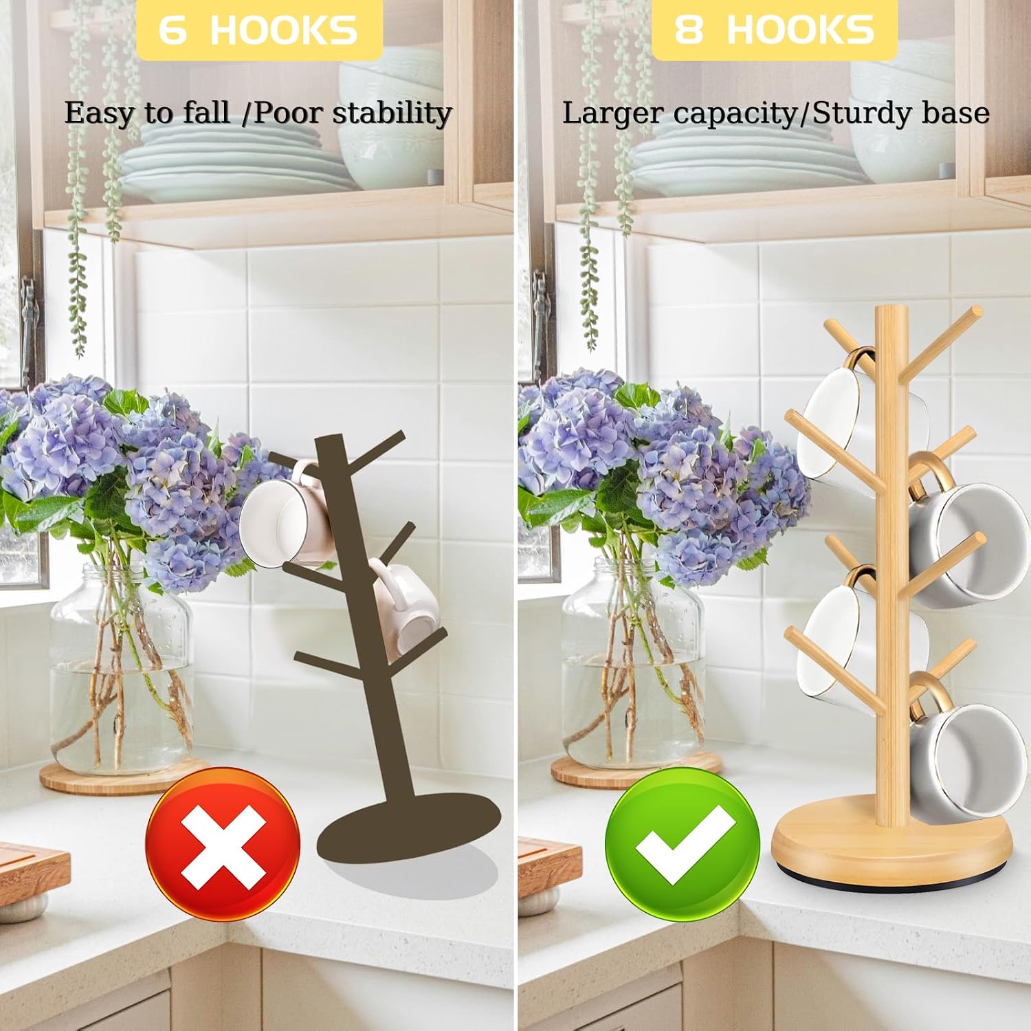 Mug Holder Tree,New Upgraded 360° Rotated 8 Hooks Coffee Cup Holder for Counter,Wood Coffee Mug Rack Standing for Coffe