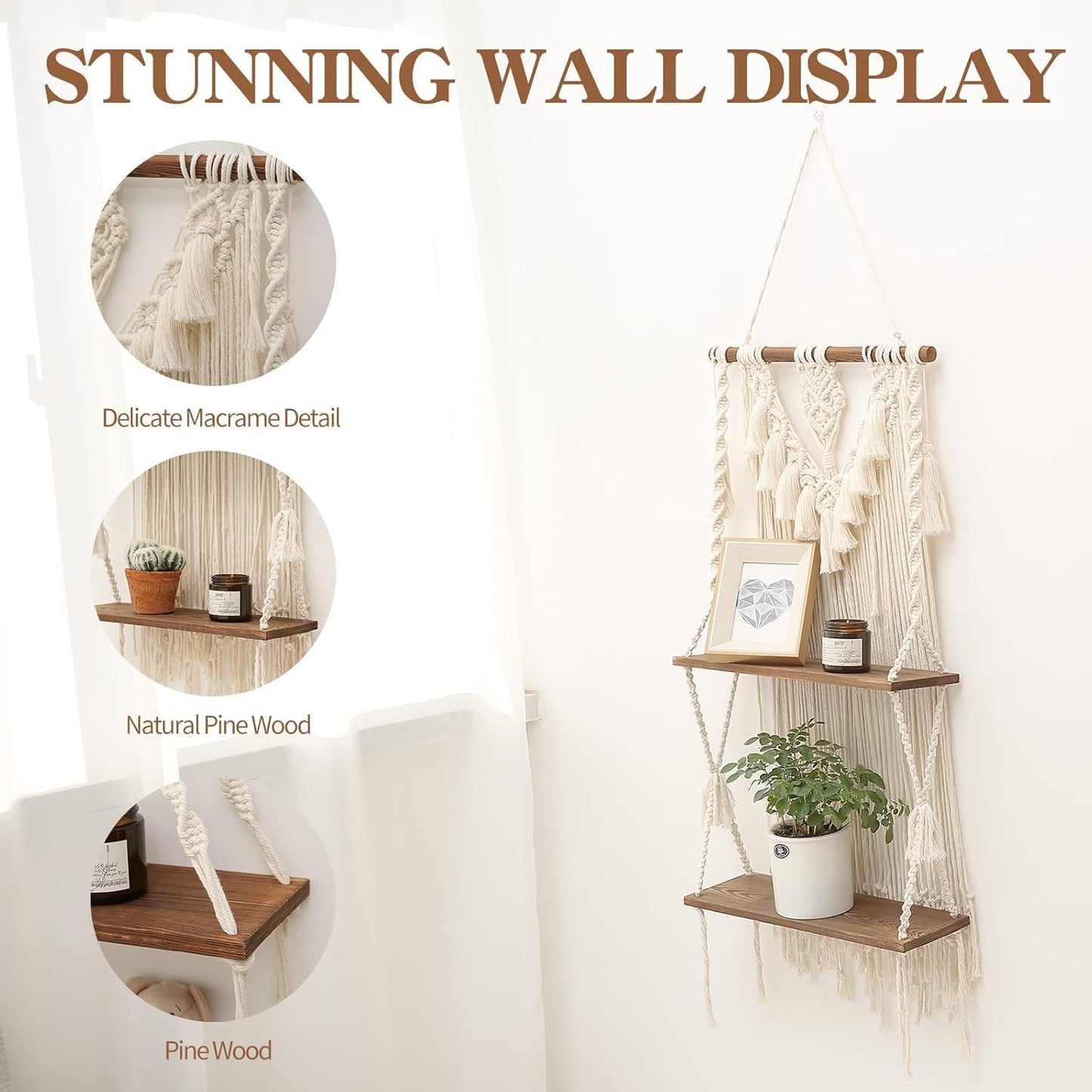 Handmade Bohemian Wooden Woven Plant Floating Shelves Decor / Large