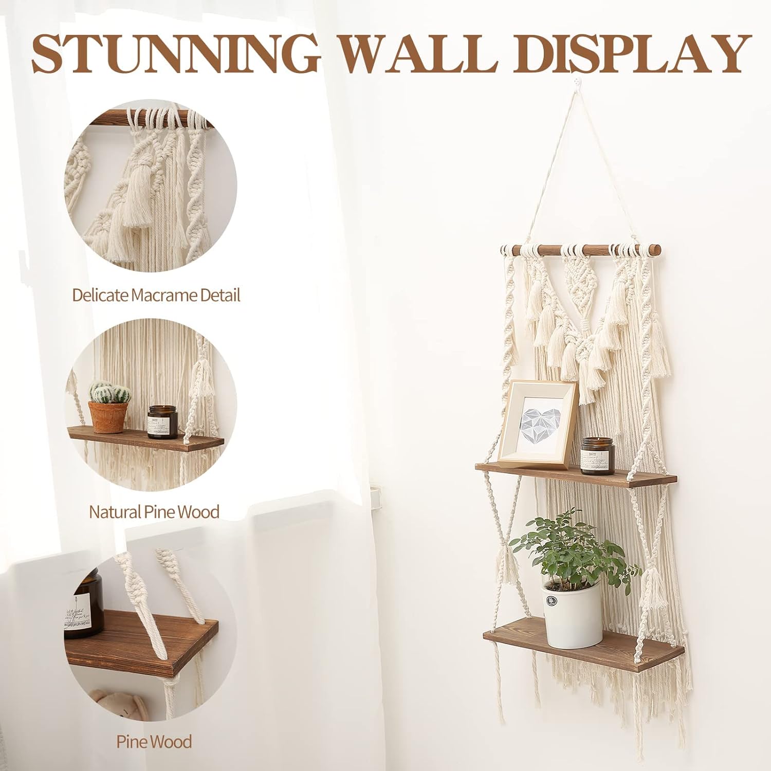 Handmade Bohemian Wooden Woven Plant Floating Shelves Decor / Large