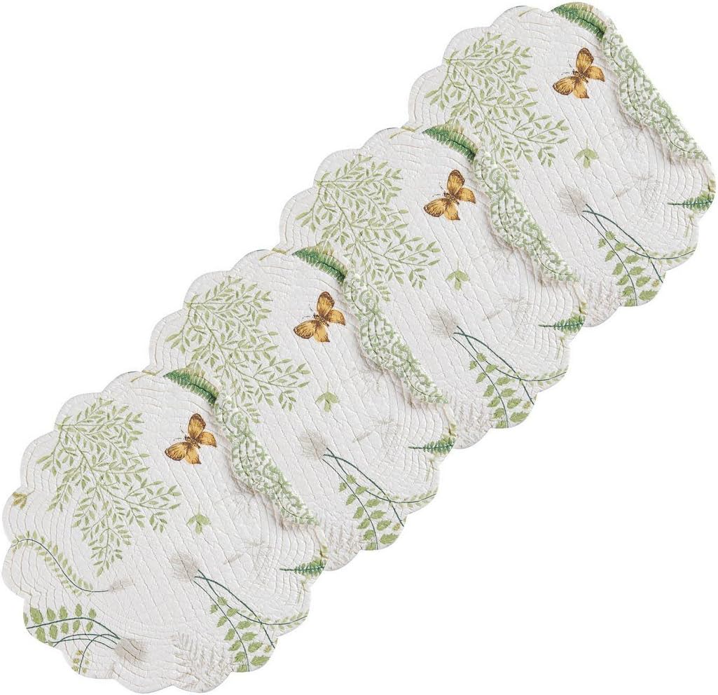 C&F Home Althea Round Placemat, Set Of 4, 17'' X 17'' Spring Butterfly Plants Fern Green White Damask Cotton Quilted