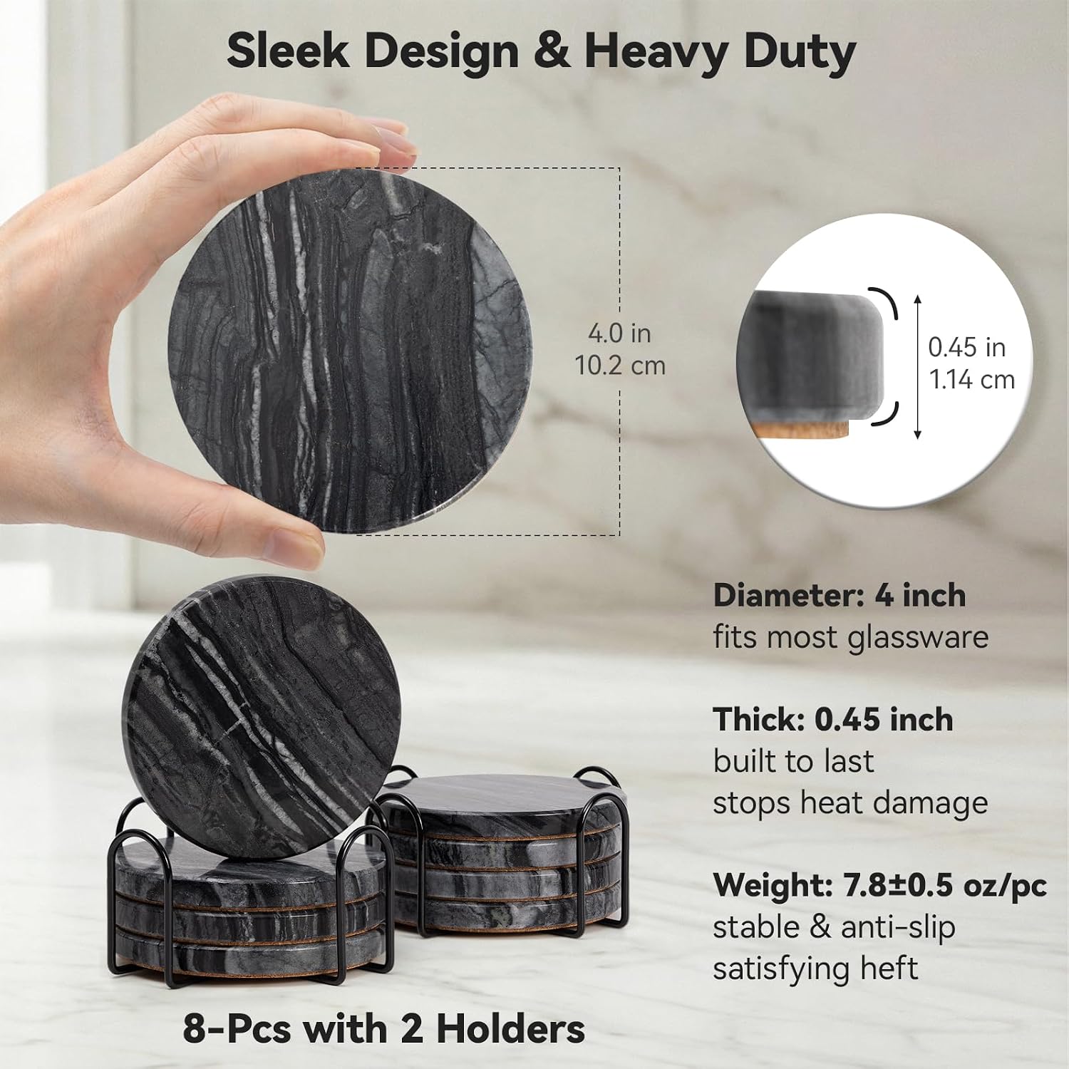 2 Holders / Black Marble Coasters / Natural Black / Set of 8