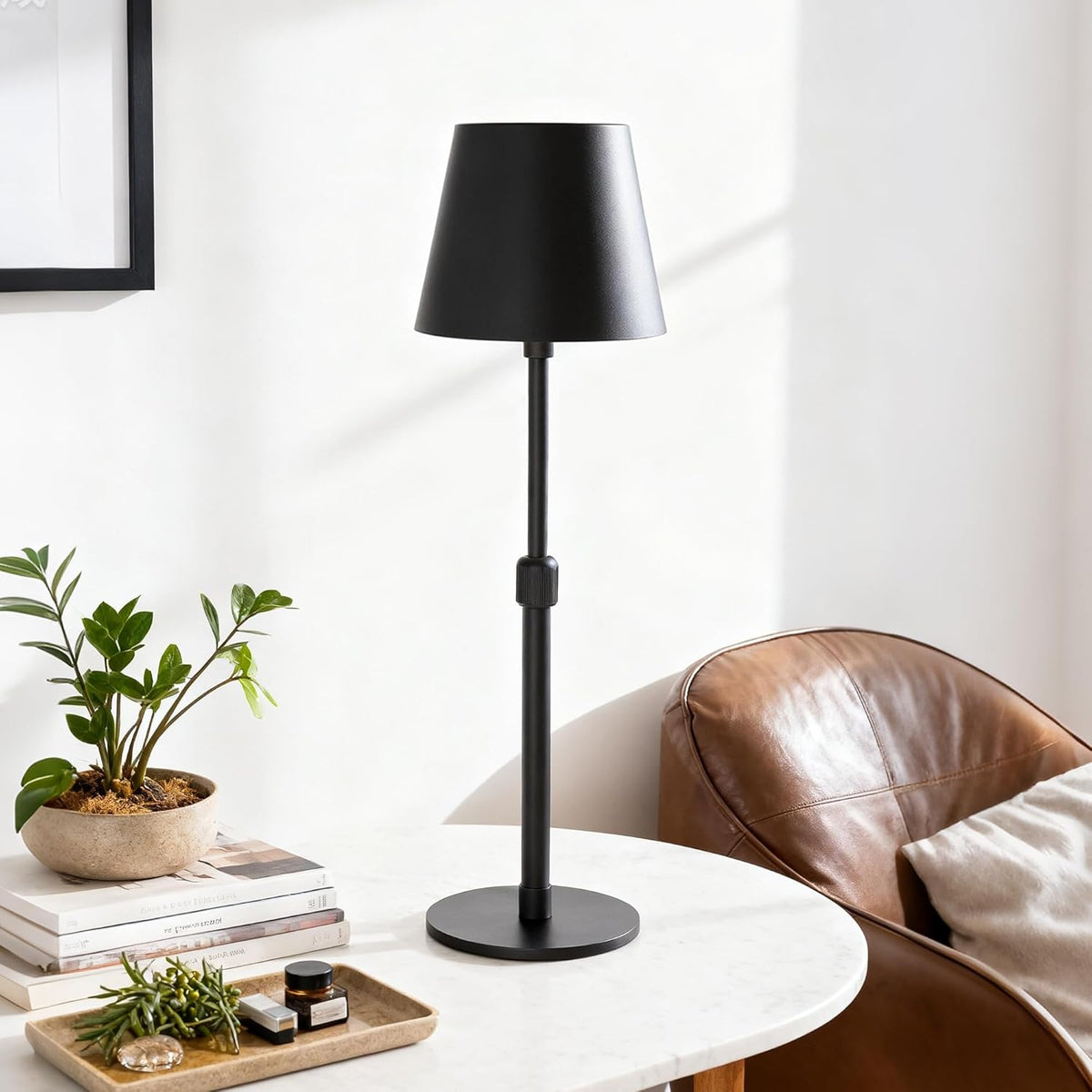 Mr.White Outdoor Waterproof Rechargeable Cordless Table Lamp with Telescopic Pole & Wicker Shade, 5200mAh Battery