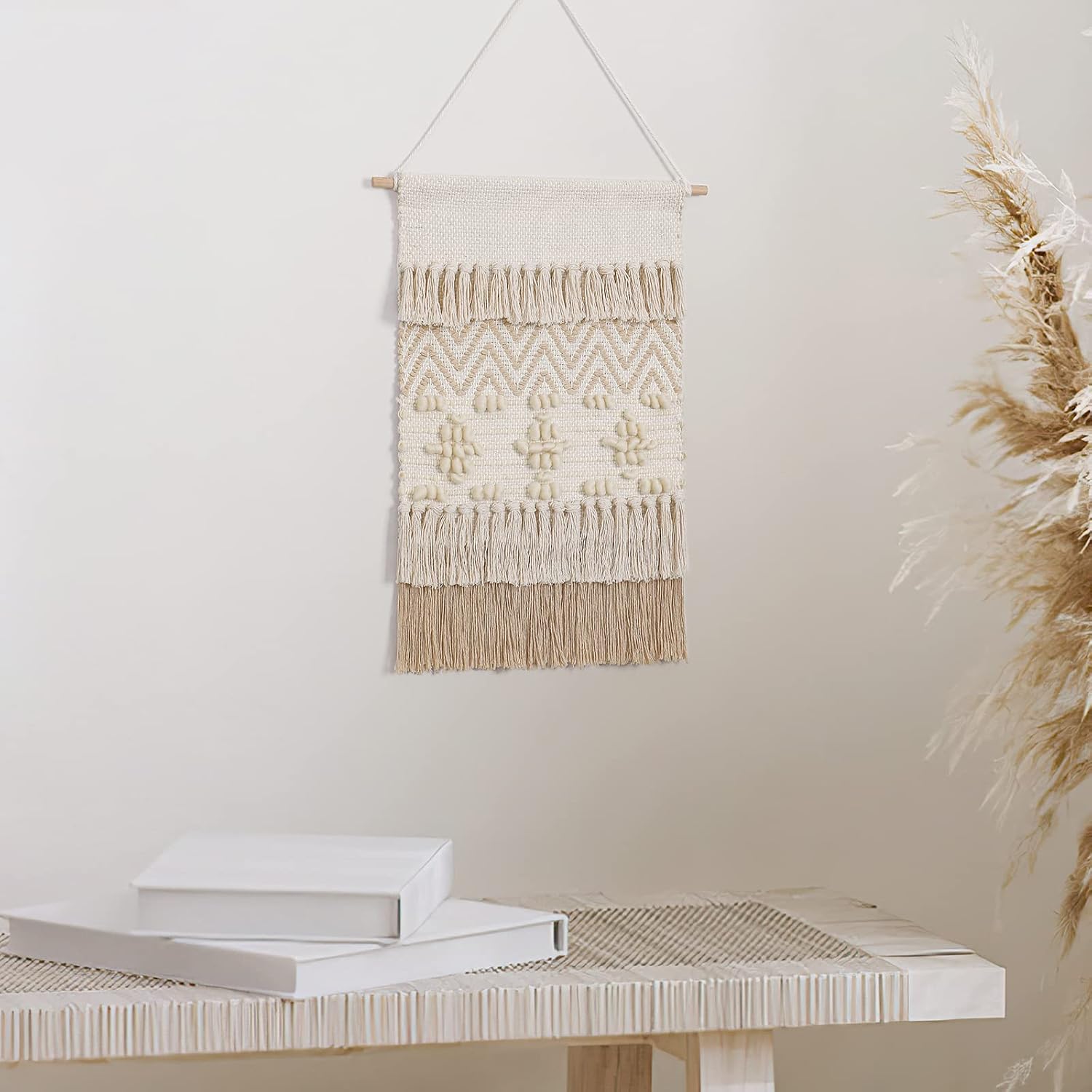 Macrame Woven Wall Hanging Home Decor Bohemian Beige Geometric Wave Art Decor / Beige Wool Ball