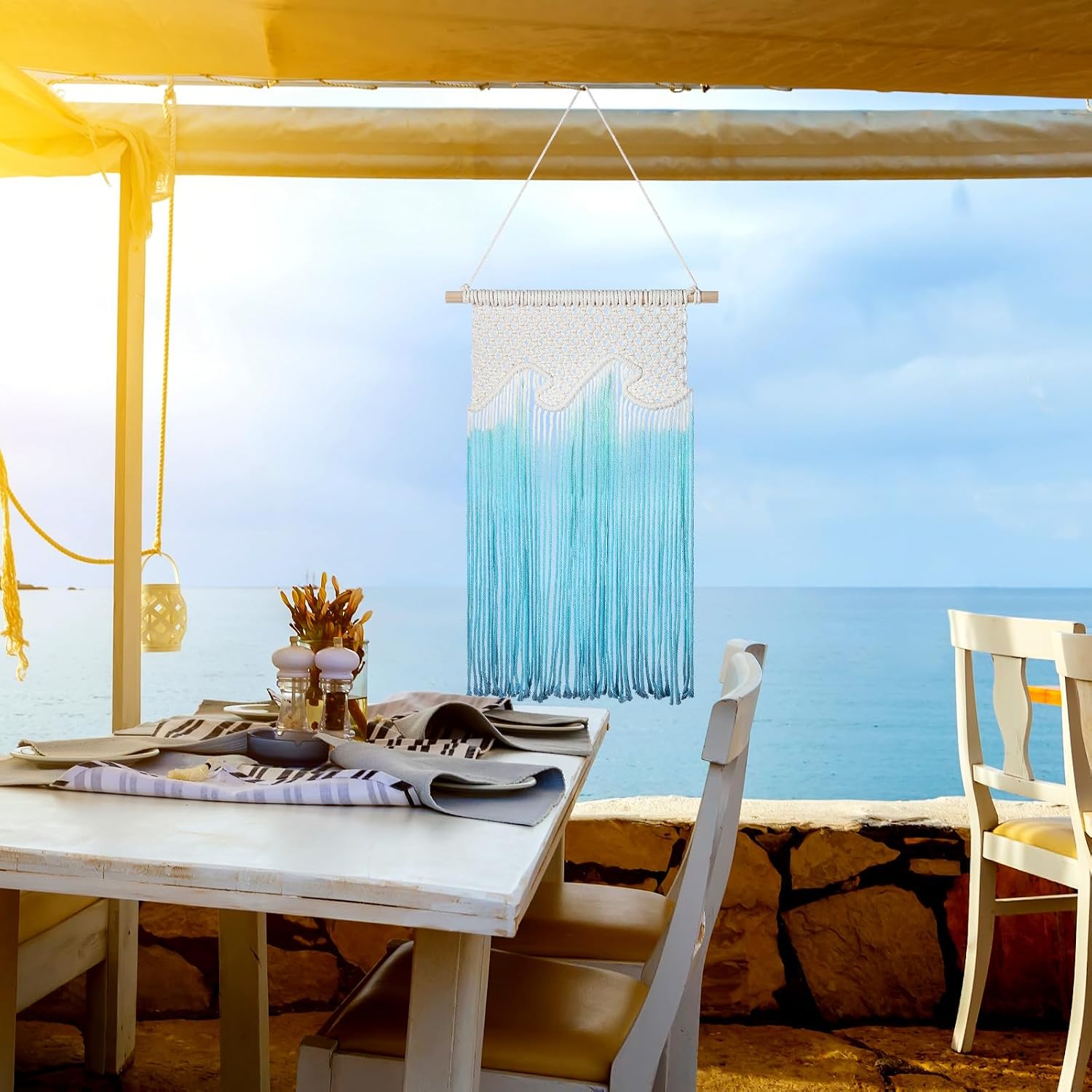 Beach Wave Hanging Tassels Decor " Ocean Macrame Wall Hanging Coastal Tapestry Wall Art / 16 x 26