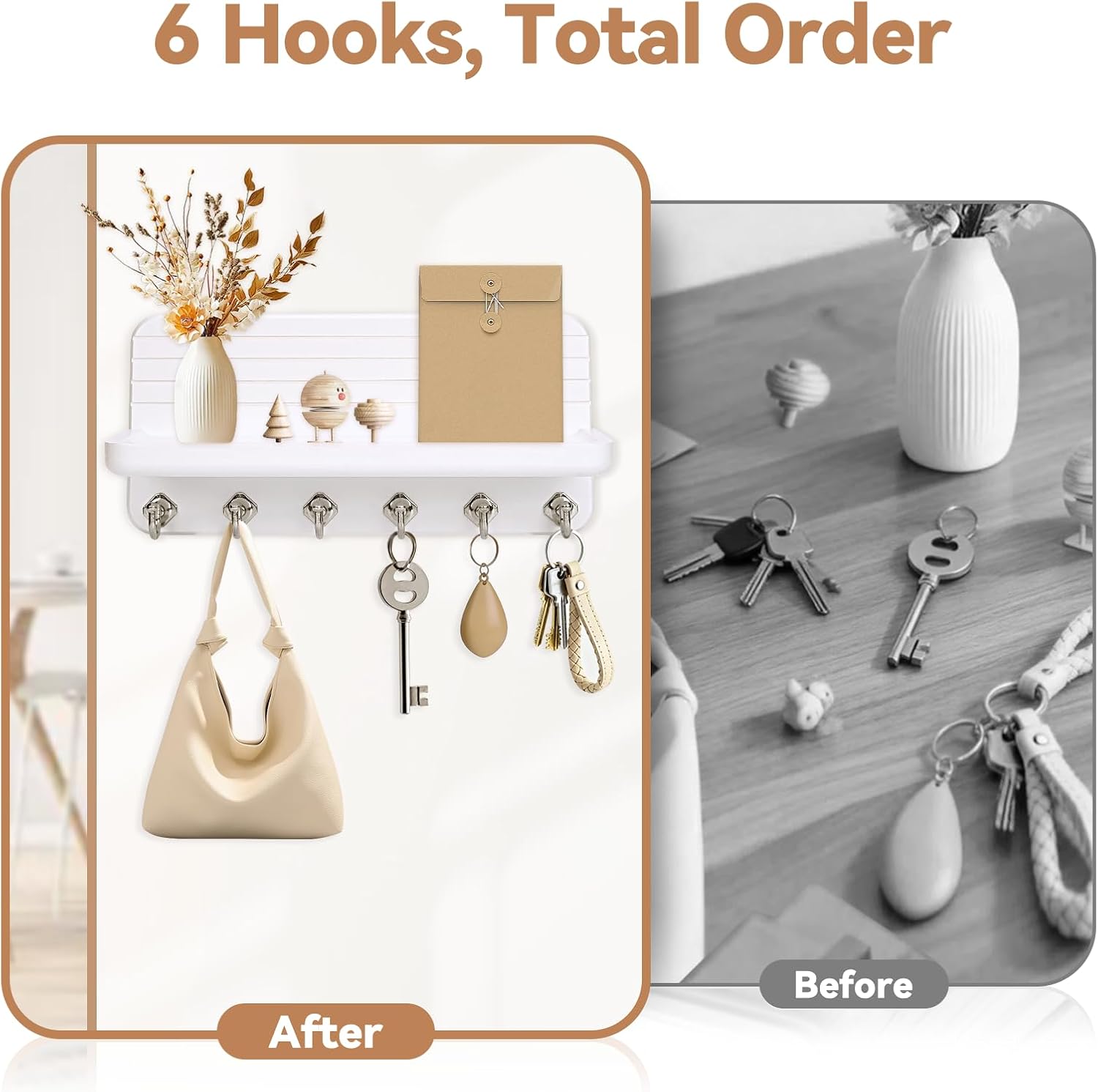 6 Hooks Wooden Hanging Key Rack / White