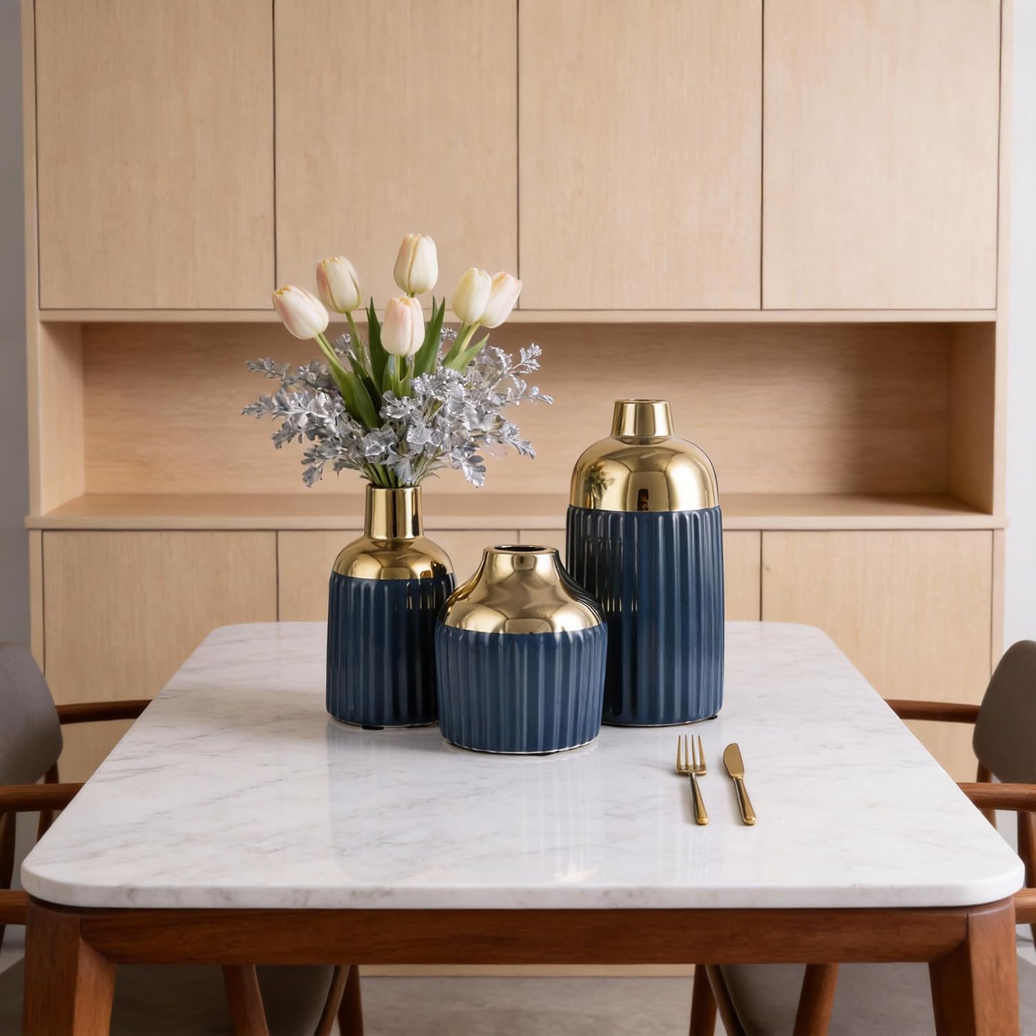 Gold Ceramic Vase 3-Piece Set / Blg / Blue