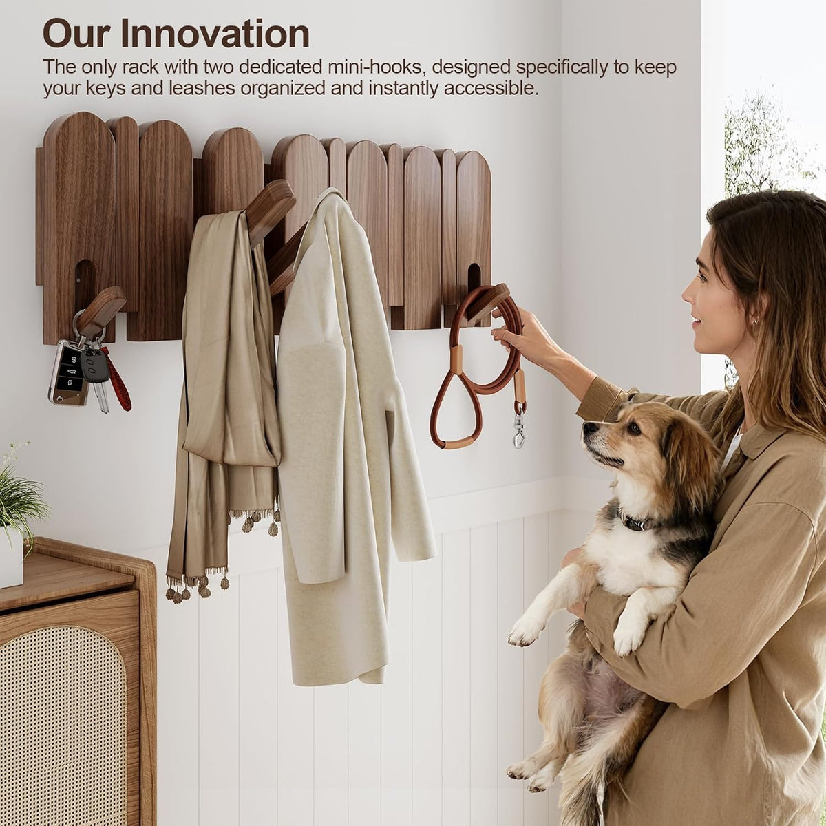 Walnut Wood Coat Rack Wall Mount,16.5" Wall Mounted Coat Rack with 8 Retractable Hangers,Heavy Duty Coat Hooks for