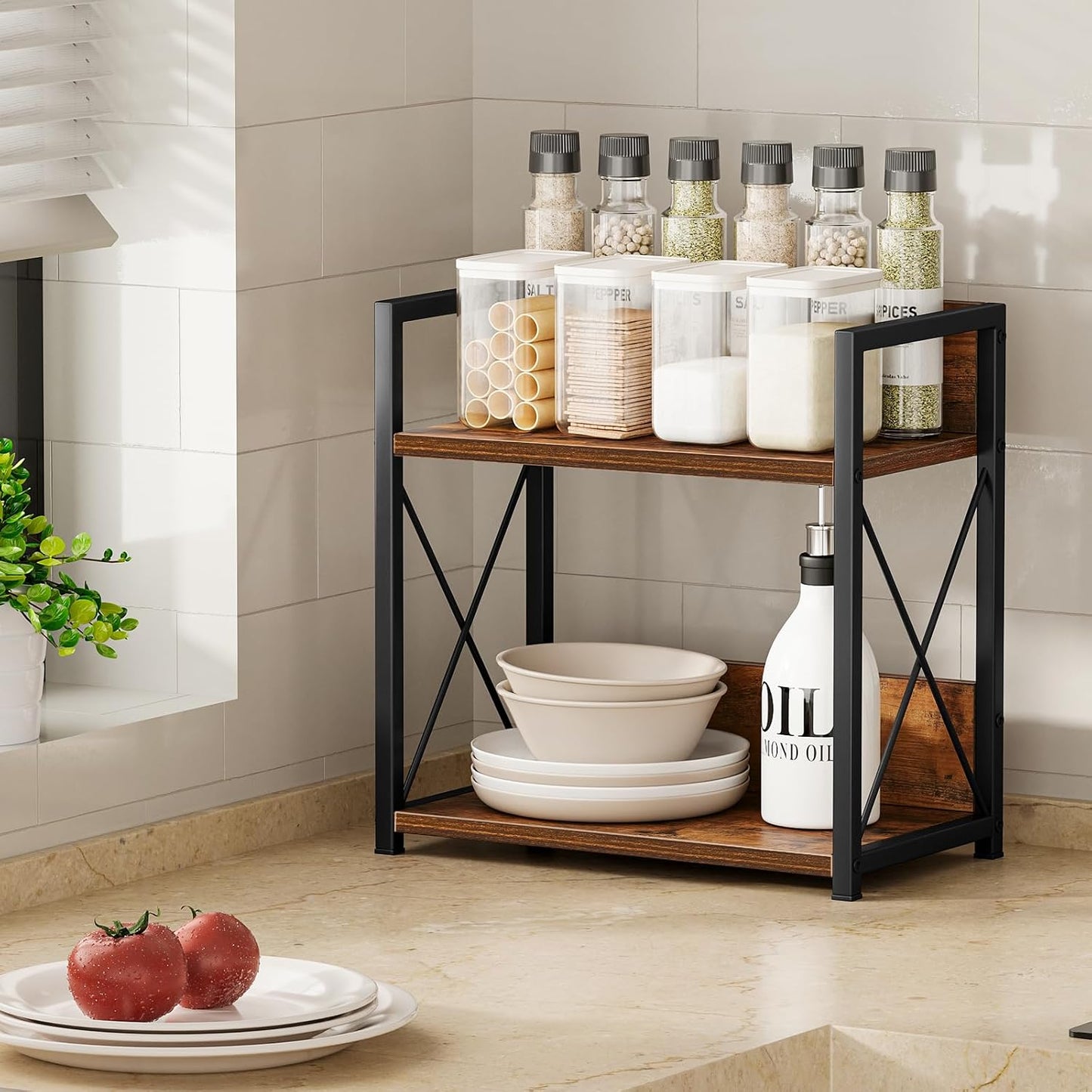 Giikin Kitchen Countertop Organizer, 2 Tier Spice Rack Organizer for Pantry, Kitchen Counter Shelf Wood Coffee Station