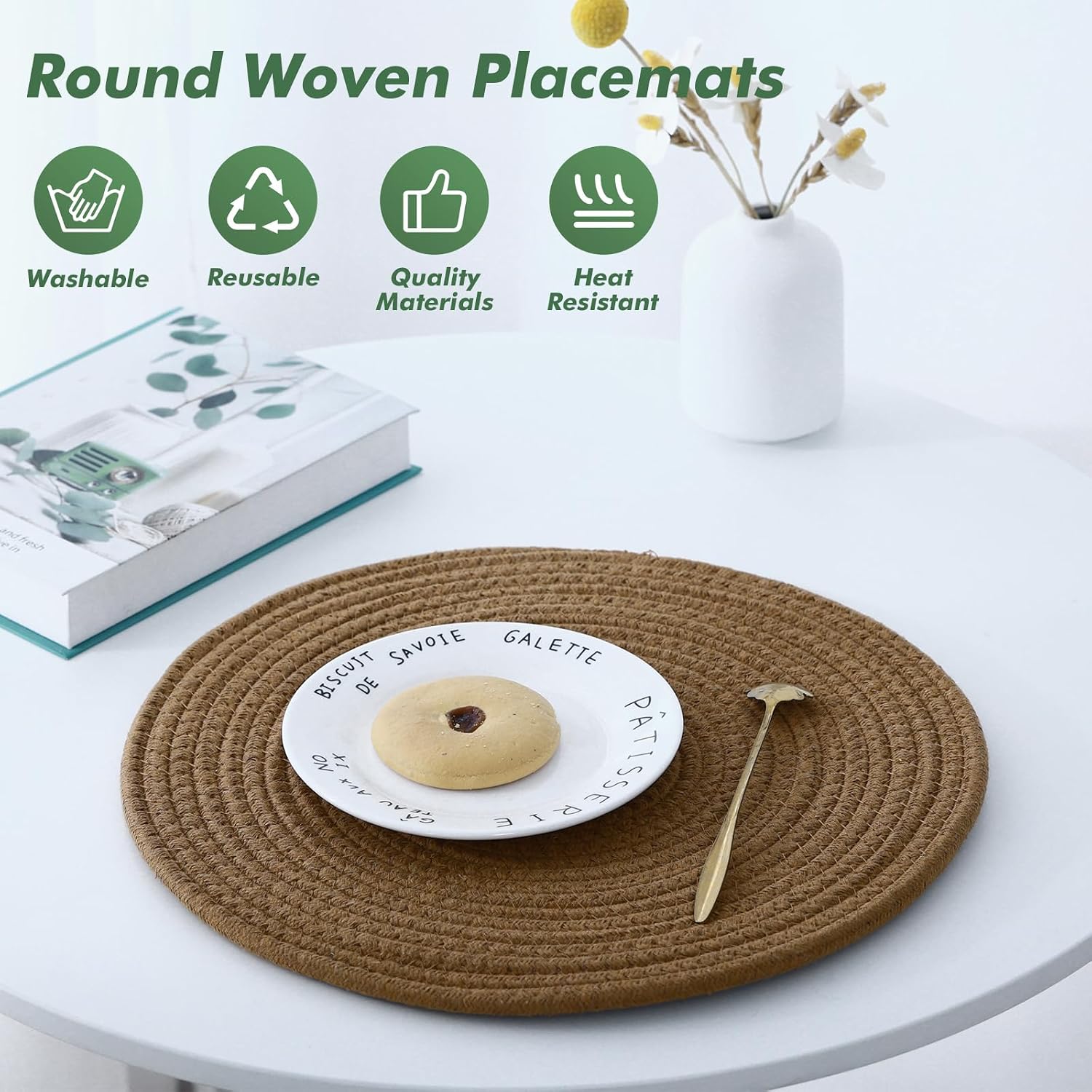 Round Woven Placemats Set of 8 Heat Resistant Placemats 13.5 Inches Farmhouse Cotton Rope Place Mats for Dining Tables