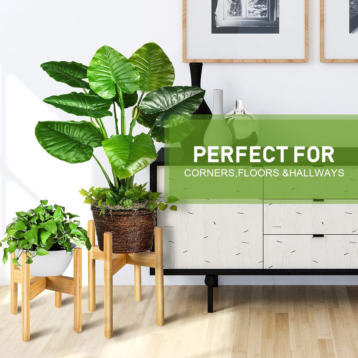 2 Pack Bamboo Plant Stands, Adjustable Plant Stand Indoor | Mid Century Modern Plant Stand, Plant Holder for Living