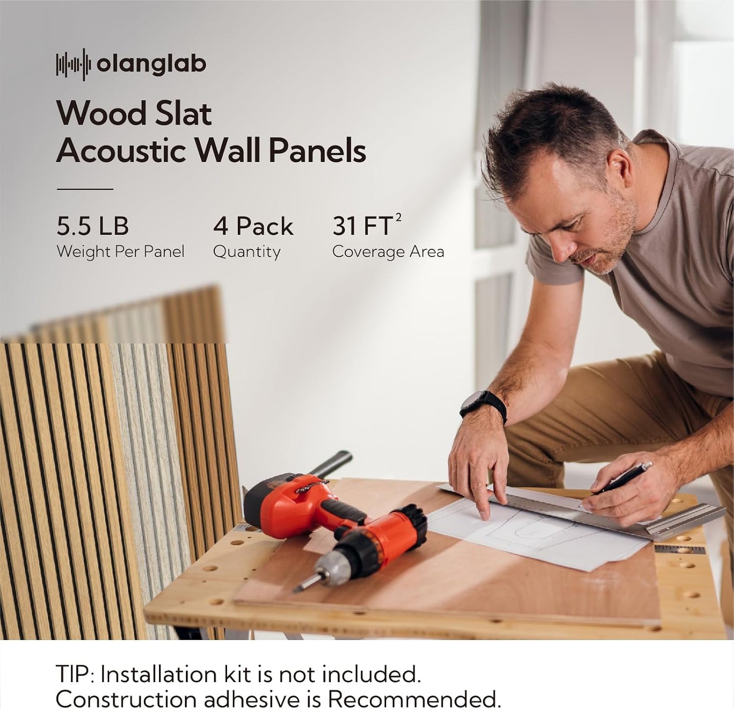 Olanglab Wood Slat Wall Panels 4 Pack, Acoustic Wall Panels, 47.24'' x 23.62" Each 3D Wall Panels for Interior Wall