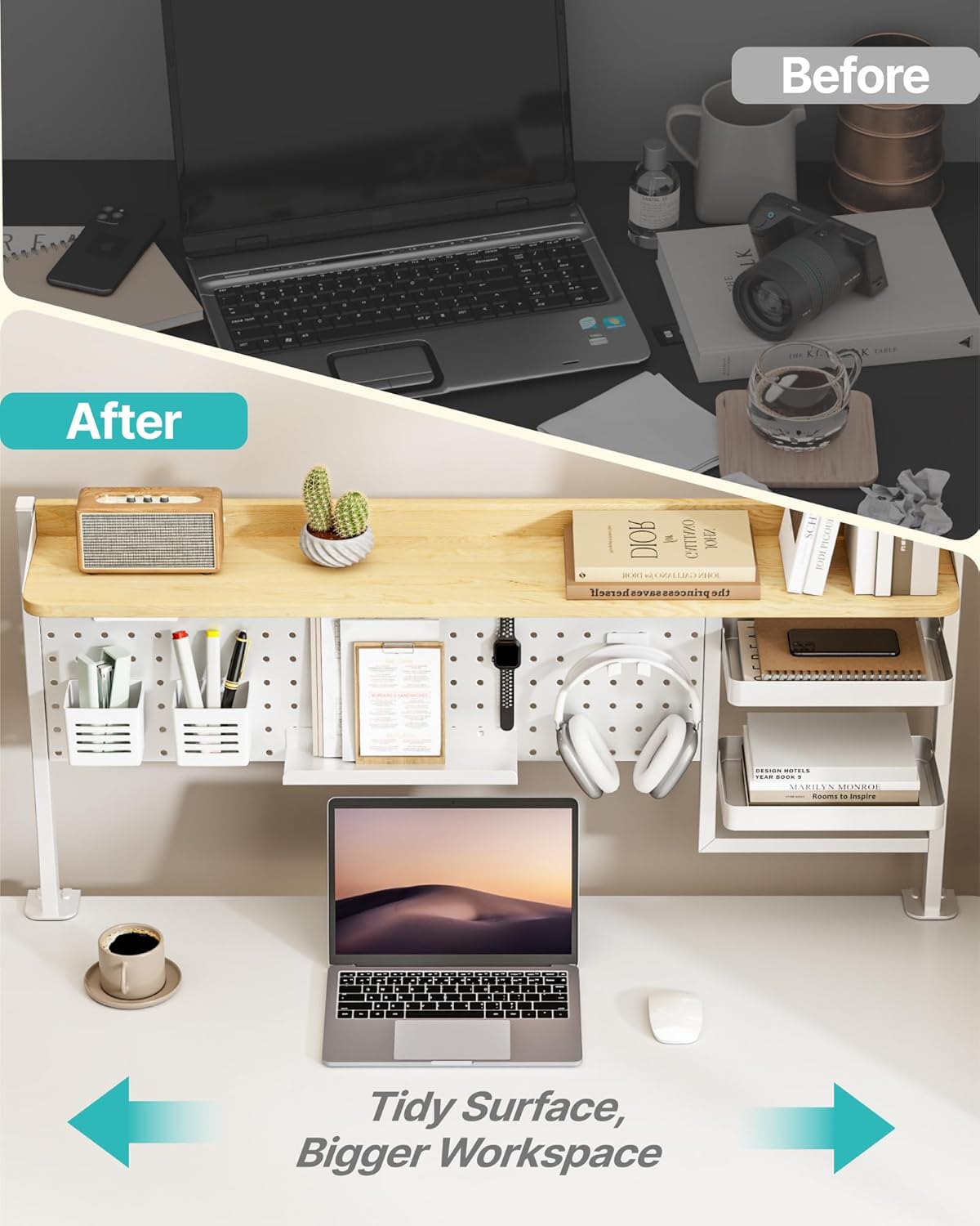 Clamp on Desk Shelf, 44" Desktop Shelving System, White | with Pegboard and Accessories, Desktop Organizer with 2-Tier