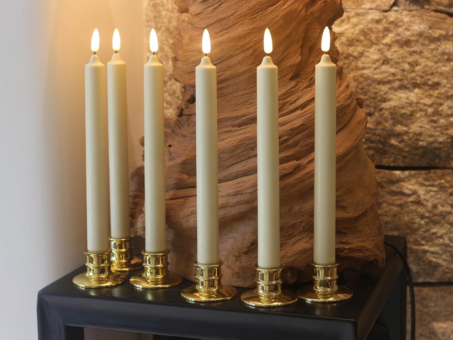 6 Pack Flameless Ivory real Wax Window Candles with 12 AA Batteries(Include, Run More Than 400 Hours) and Golden