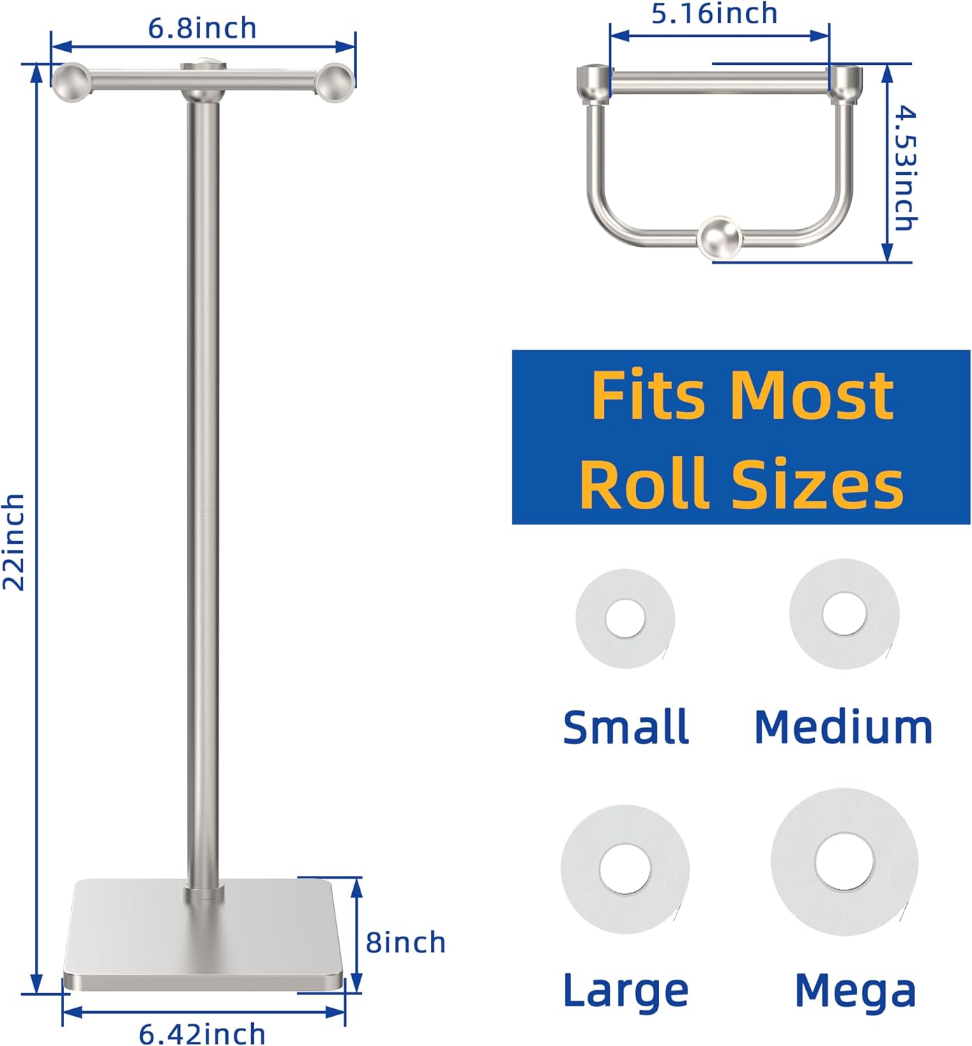RUACQ Bathroom Toilet Paper Holder Stand, Brushed Nickel | Dual-Post Pivoting Free Standing Toilet Roll Holder with