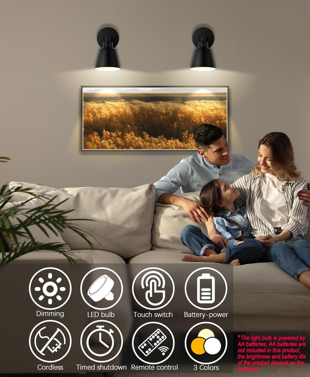 Black Battery Operated Wall Sconce Set of 3, Easy to Install Wireless Lights for Wall, Remote Control Dimmable LED