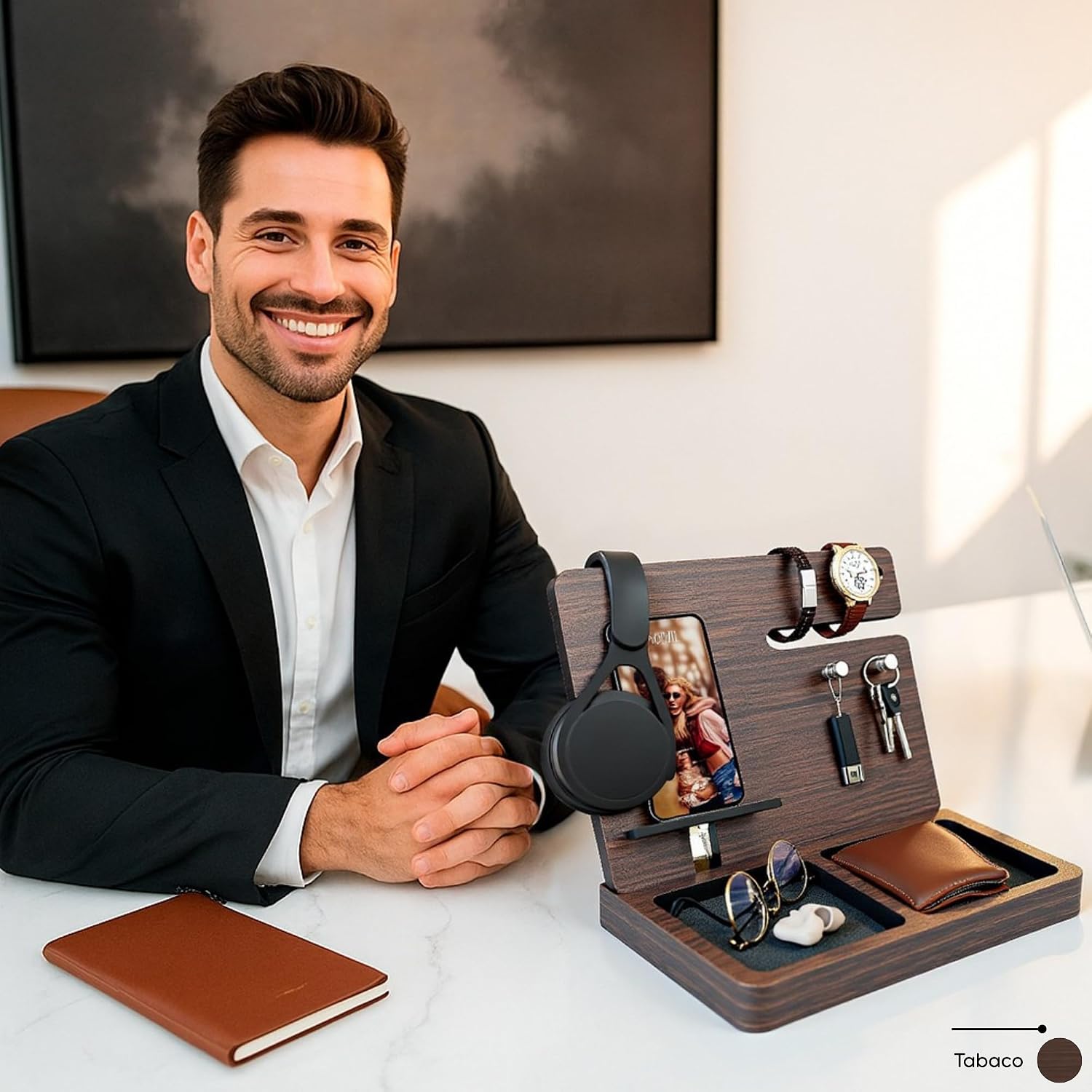 Namore Nightstand Organizer for Men – Wood Phone Docking Station & Bedside Valet Tray Organizer for Wallet, Watch &