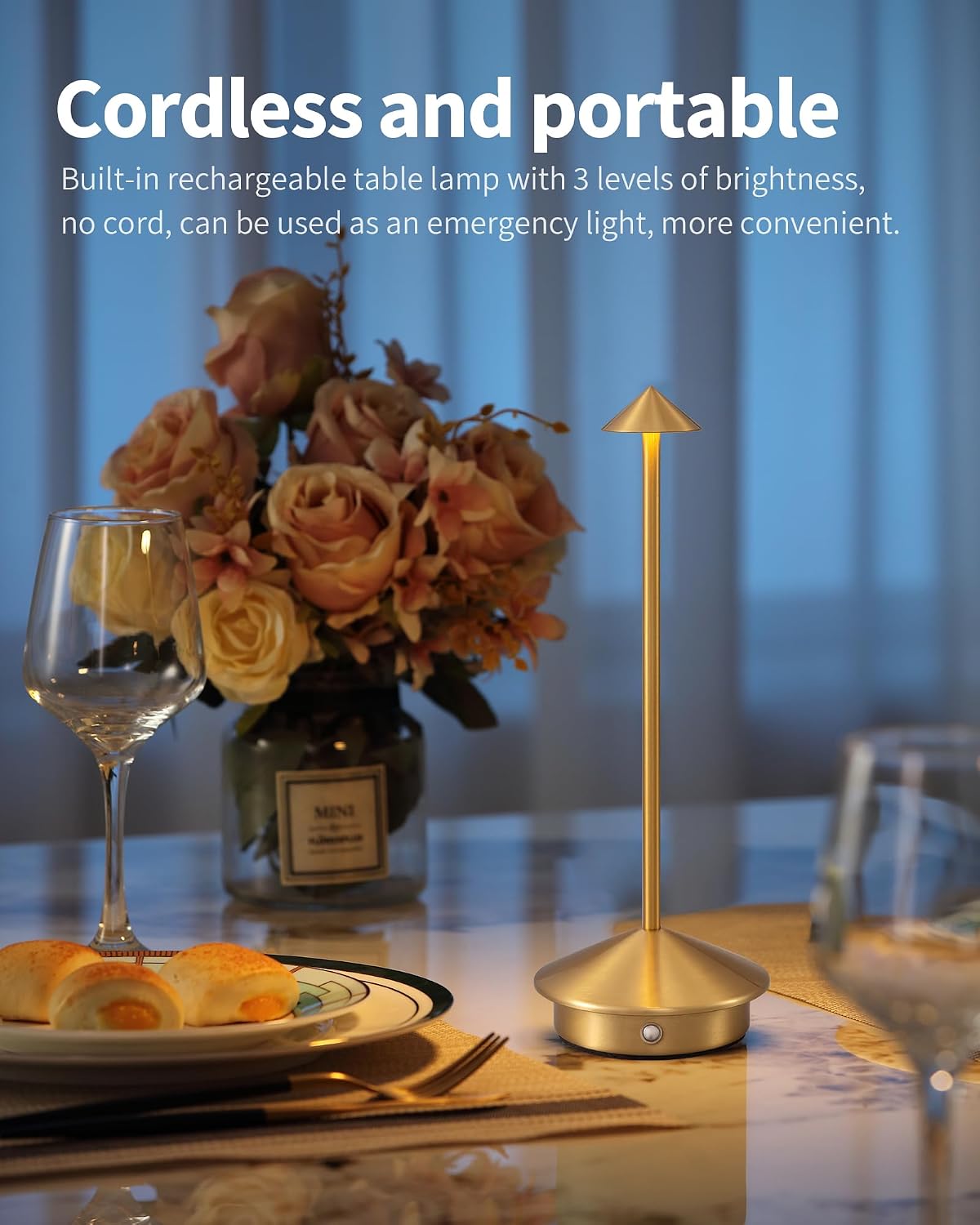 Modern Cordless Table Lamp Set of 2, Gold Portable LED Desk Lamps | 5000mAh, Rechargeable, Battery Operated Lighting