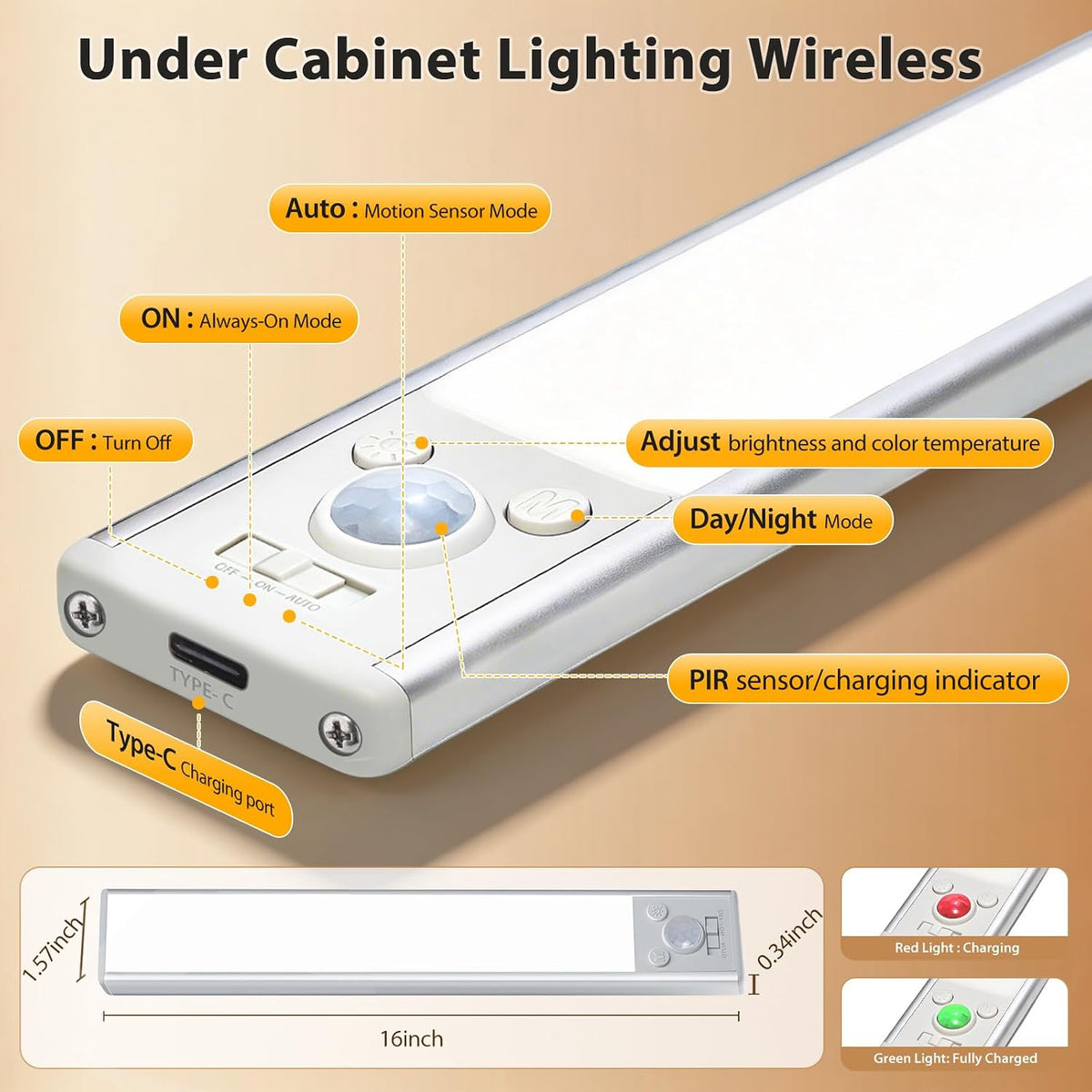 Under Cabinet Lighting,16inch Rechargeable Motion Sensor Light, Magnetic Closet Lights with Dimmable & 3 Color Temps