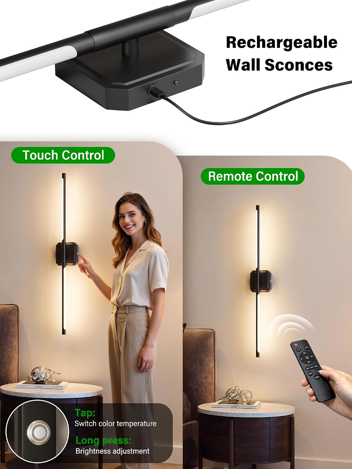Battery Operated Wall Sconces Set of Two, Wireless Wall Lights Touch & Remote Control Rechargeable LED Wall Lamp