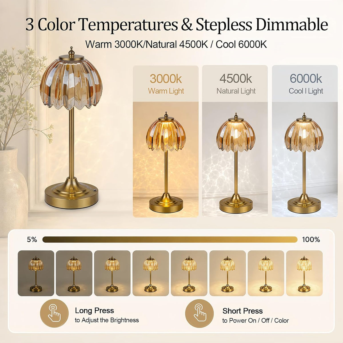 Rechargeable Cordless Table Lamp, 3 Color Temps & Stepless Dimming | 5200mAh Battery Glass Table Lamp, Touch Control &