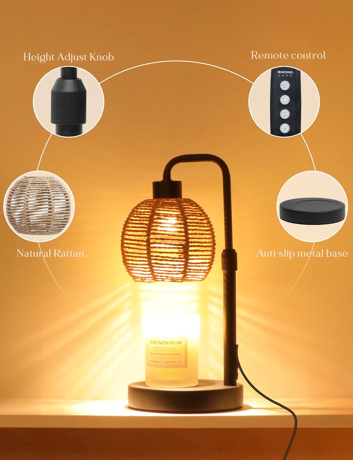Candle Warmer Lamp with Timer Dimmable, Natural Weaving Boho Electric Candle Lamp, Wax Warmer Lamp for Mothers Day