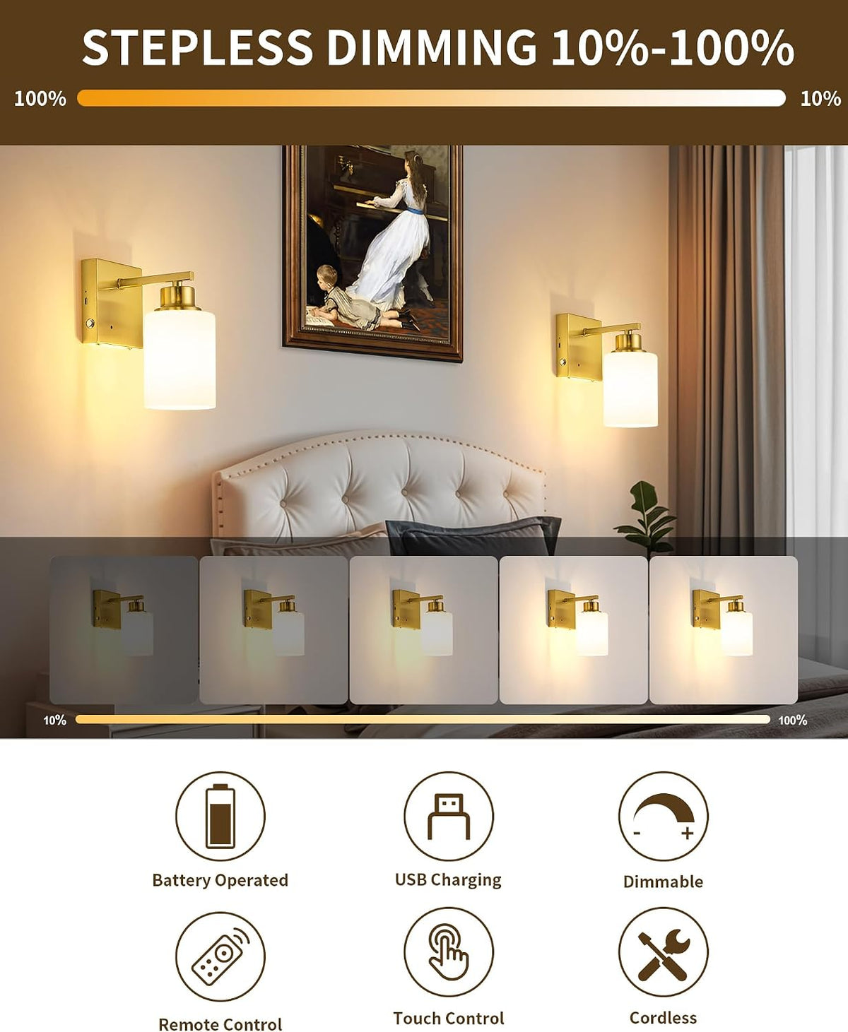 Wireless Battery Operated Wall Sconce Set of Two, Modern, White Glass, Gold | Dimmable, Easy Install Rechargeable Wall