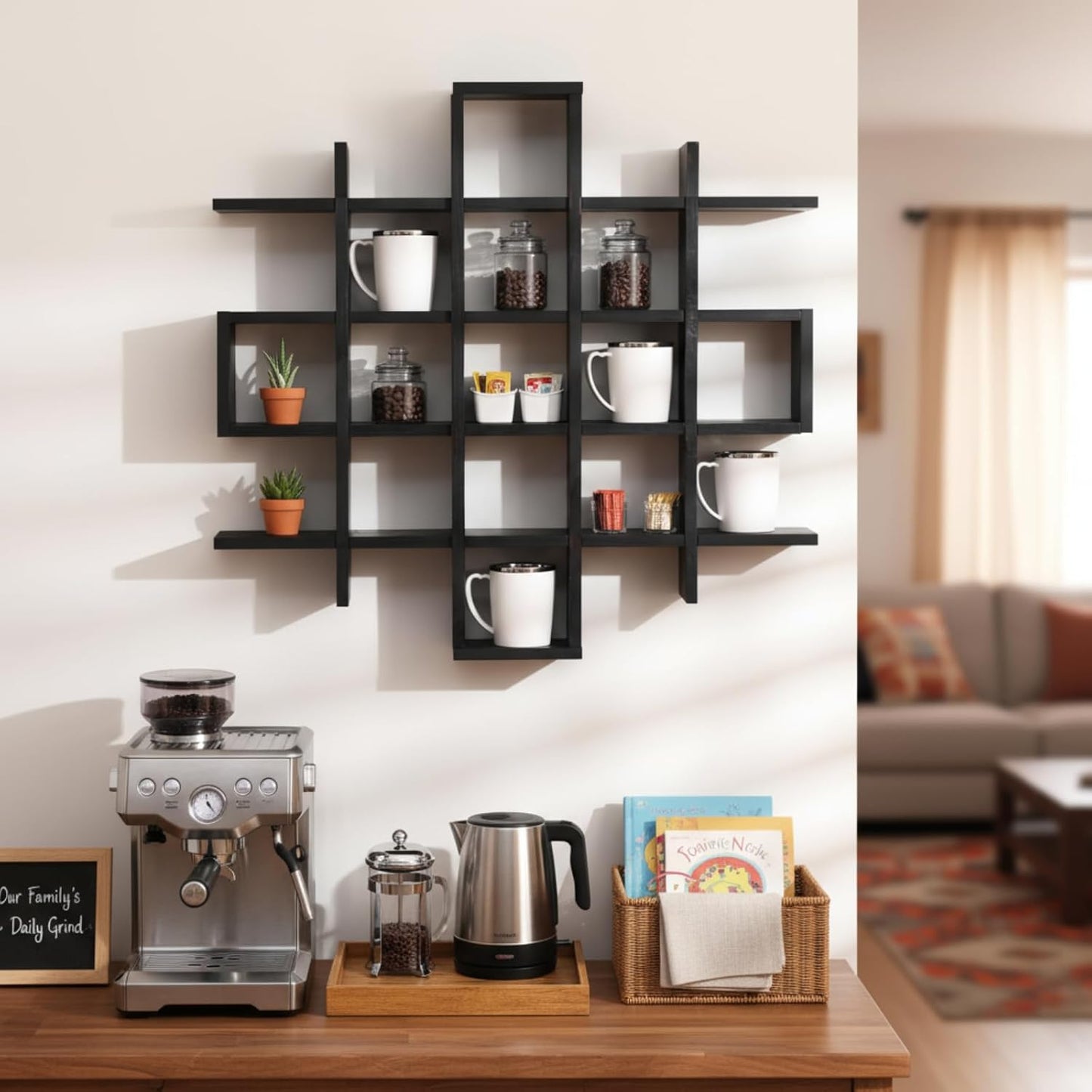 Suzile Mug Display Shelf Wall Mounted,Grid Size 5.1x5.1x3in,Black | Rustic Wood Floating Shadow Box for Coffee Mugs