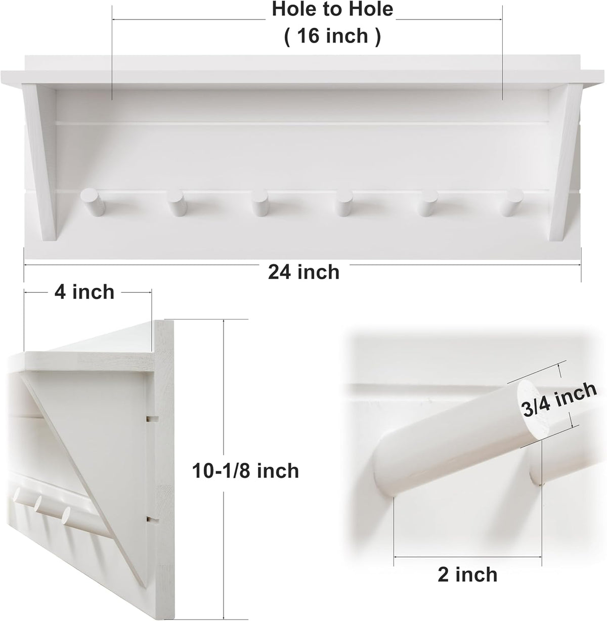 WEBI Coat Rack Wall Mount with Shelf,24" Long Entryway Wall Shelf with Hooks Underneath,6 Peg Hooks for Hanging