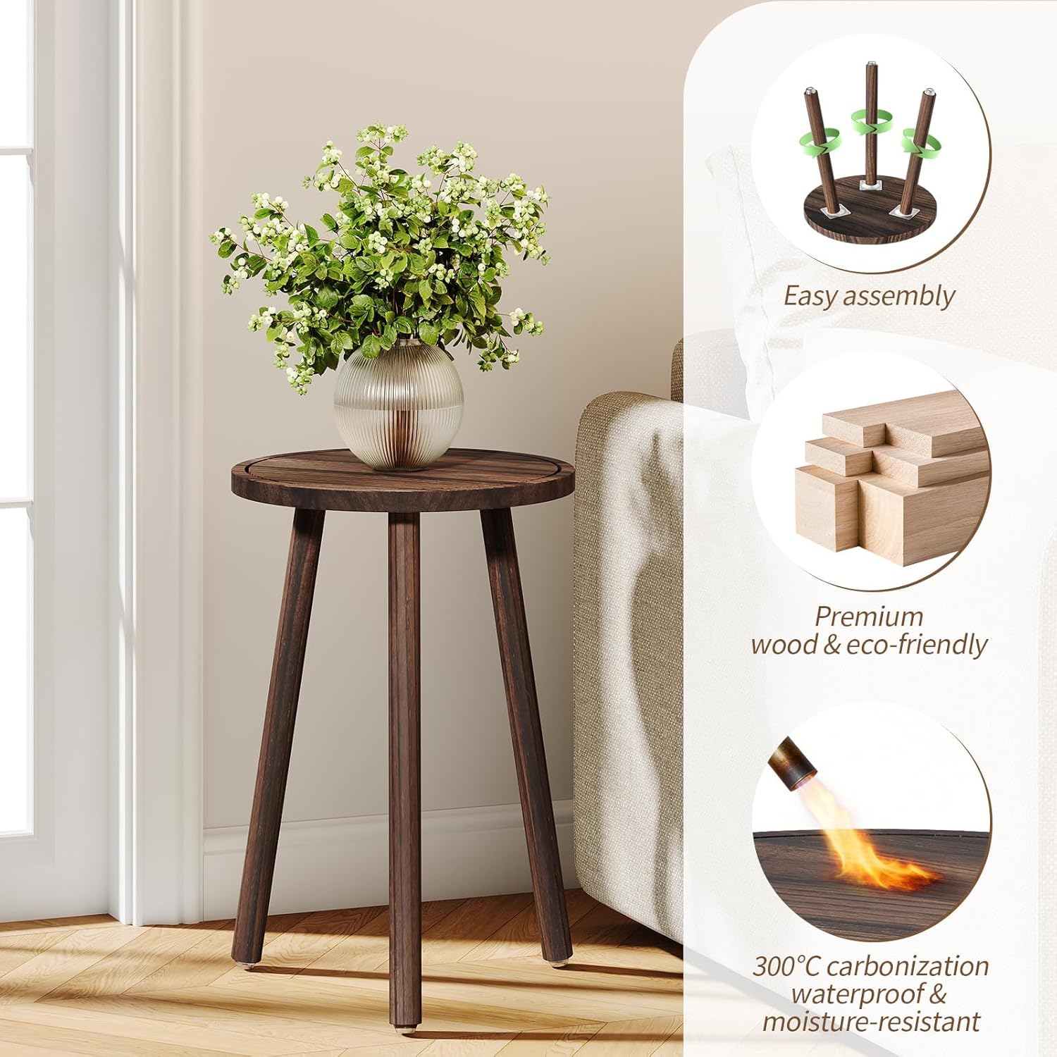 Mid-Century Modern Plants Stool / Dark Brown / 12 Inch / Set of 3