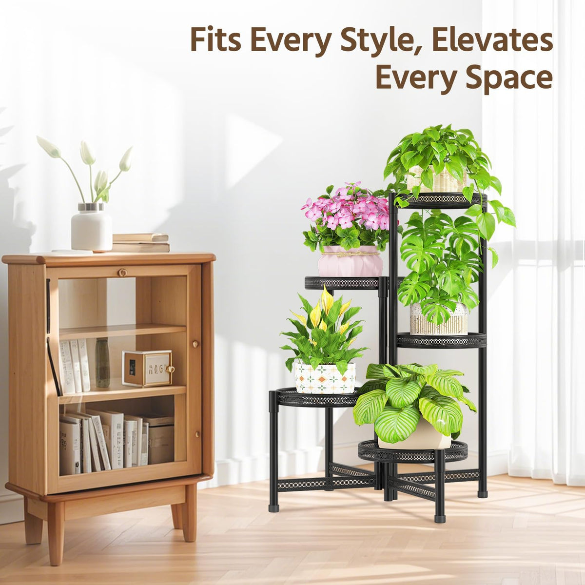 LASZOLA Plant Stand Indoor Outdoor Tall with 10 Inch Larger Tray, Black | 5 Tier Heavy Duty Metal Folding Adjustable
