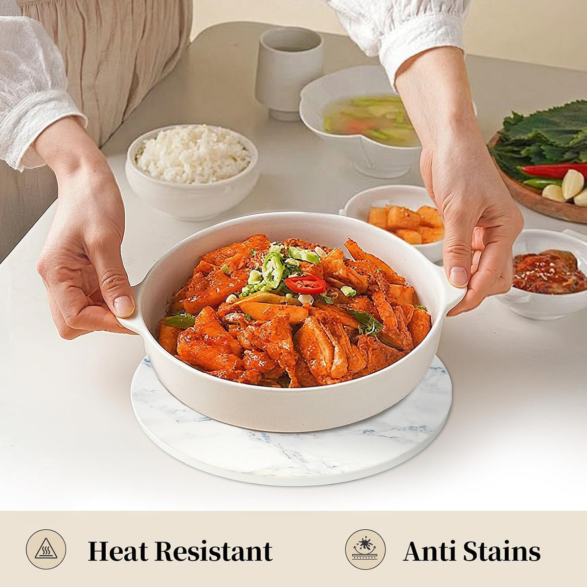 8 Inch Trivets for Hot Dishes, Pots and Pans, Marble Style Ceramic Trivet with Holder, Heat Resistant Hot Plate Mats