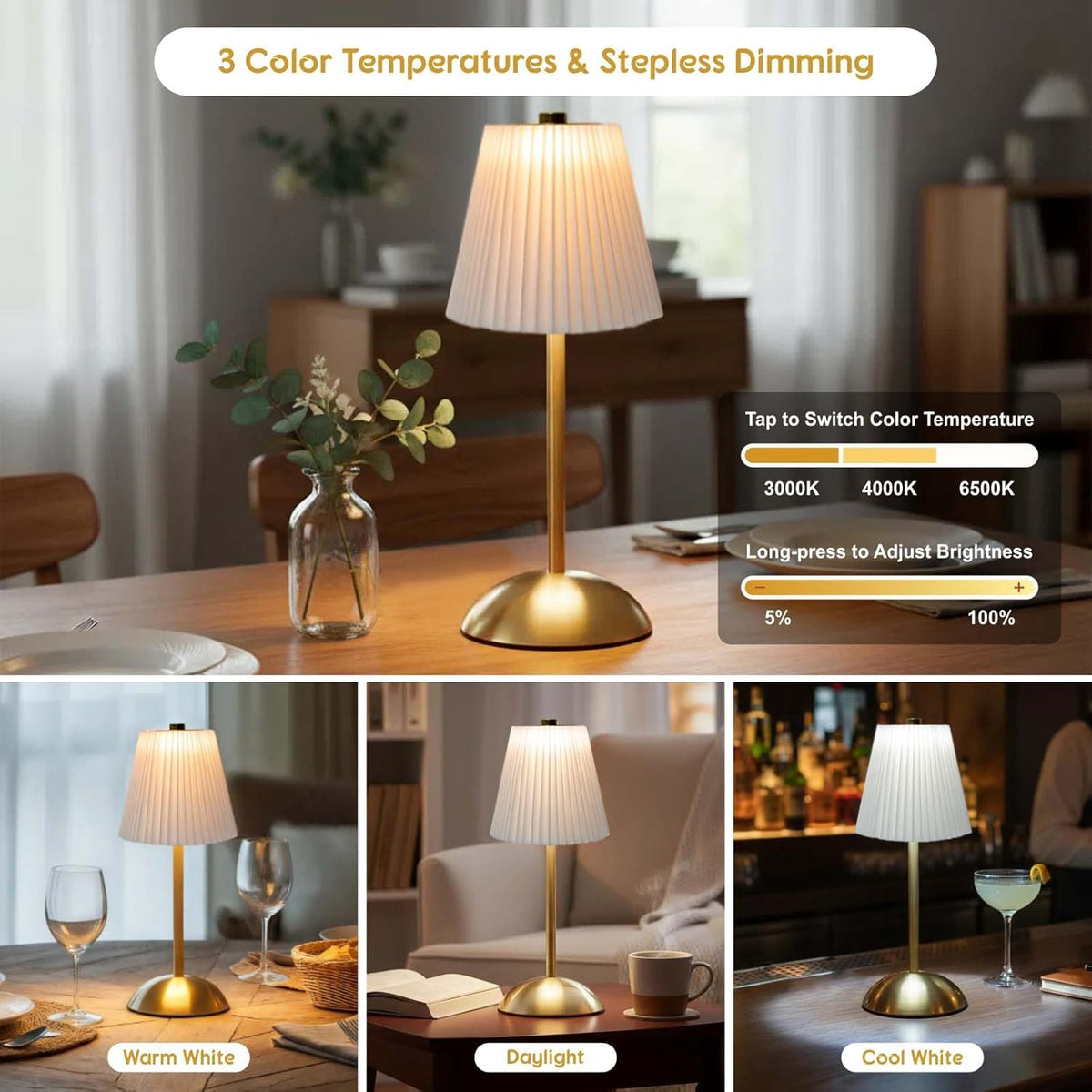 2-Pack Cordless Rechargeable Table Lamps, Battery Operated Lamp | LED Gold Touch Lamp Cordless, Mini Battery Powered