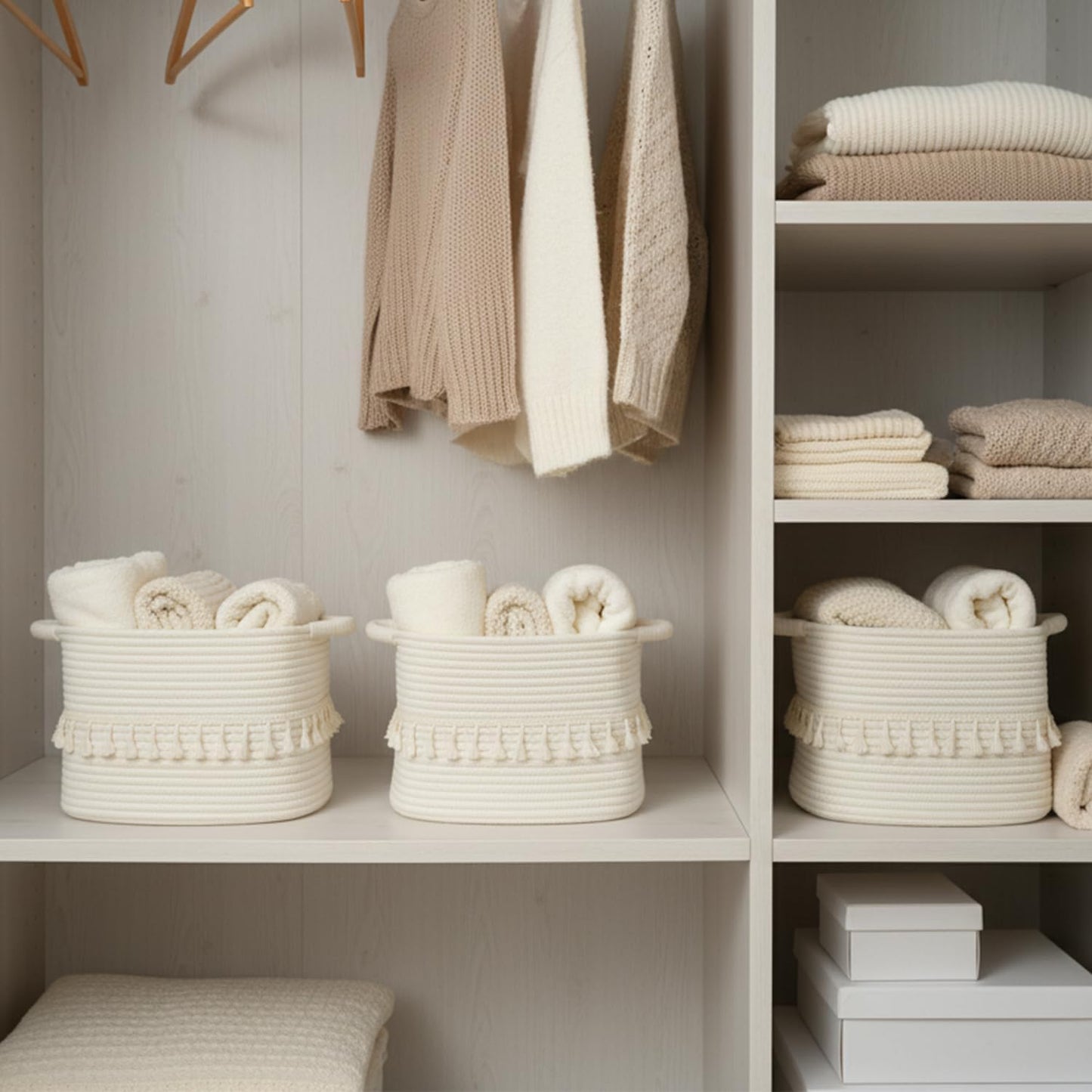 Woven Clothes Basket for Organizing and Storage / White / Set of 3