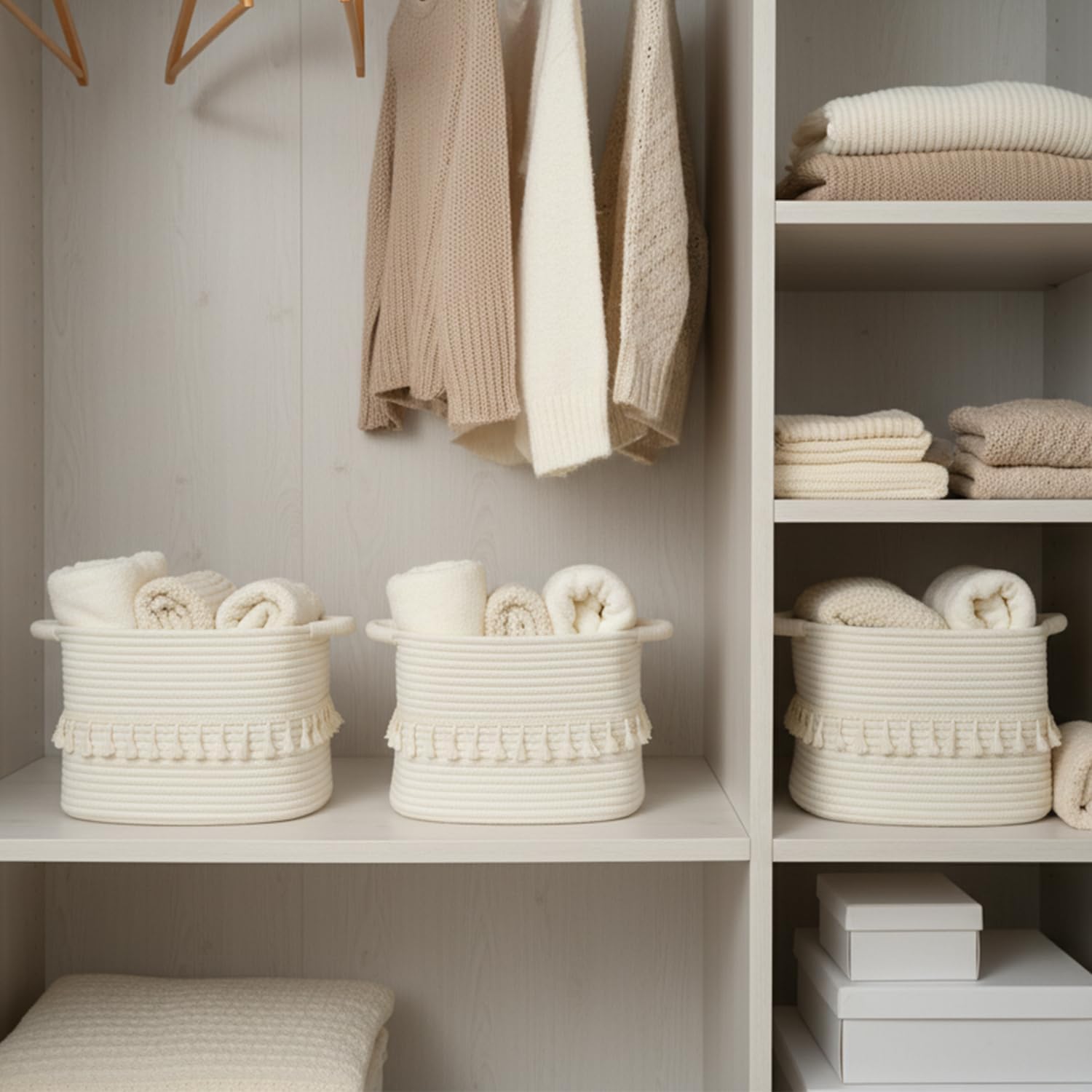 Woven Clothes Basket for Organizing and Storage / White / Set of 3