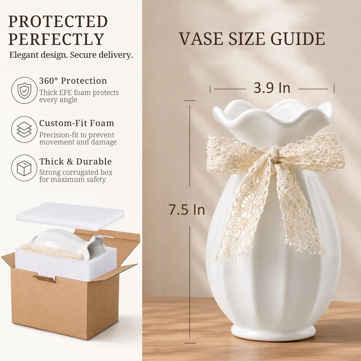 Ceramic Flower Vase / White / 7.5 Inch