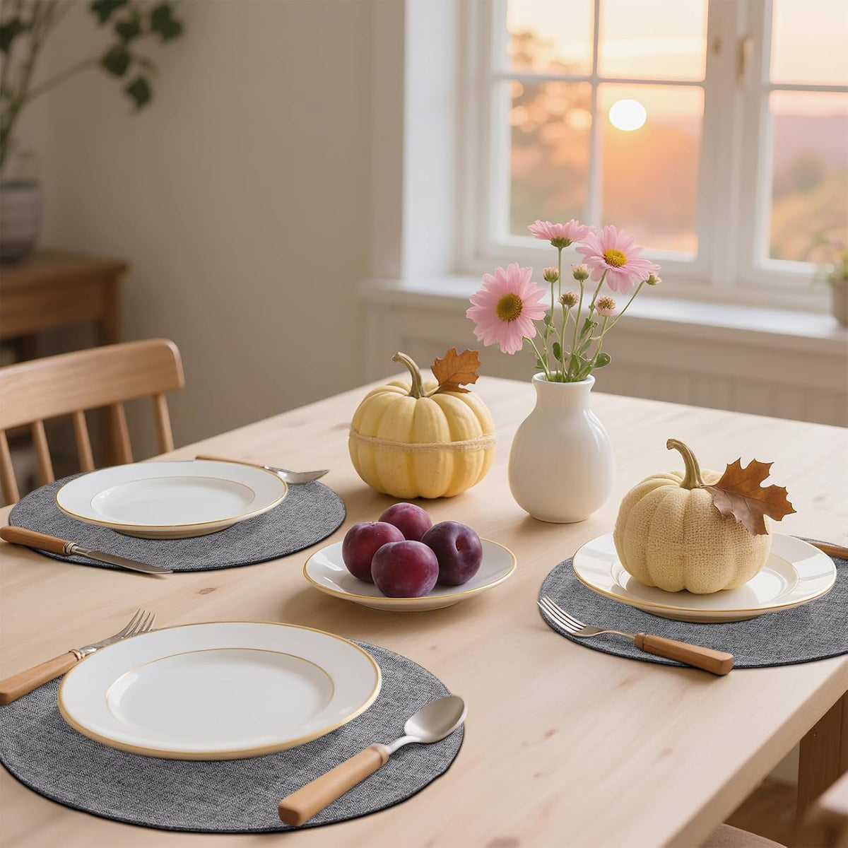 Cotton Linen 15 Inch Round Cloth Place mats, Set of 6, Dark Grey | Washable Table Mats, Heat Resistant, Reversible