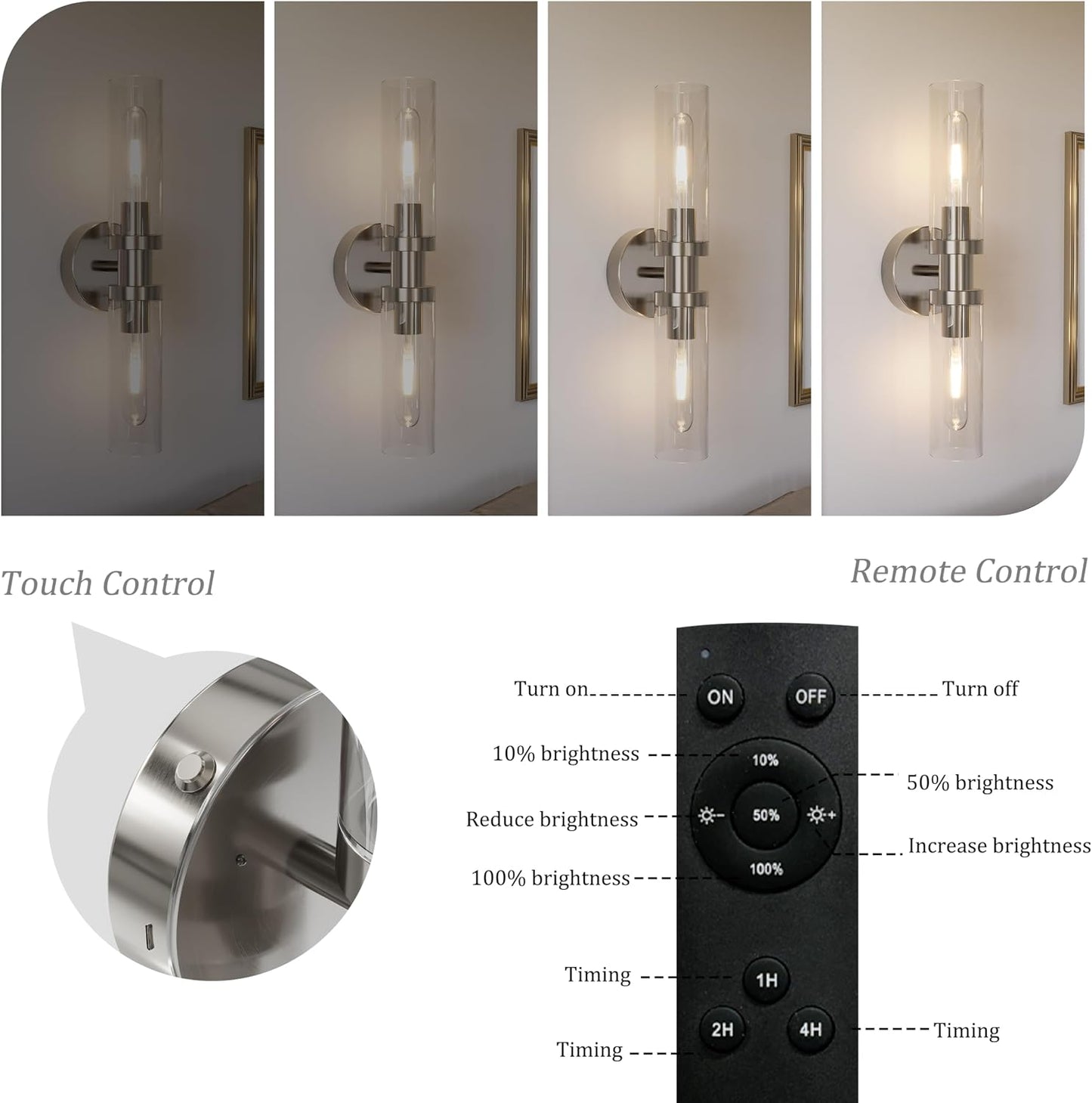 Rayogale Nickel Wireless Battery Operated Wall Sconce with Remote Control | Dimmable Rechargeable Wall Lights Set of 2