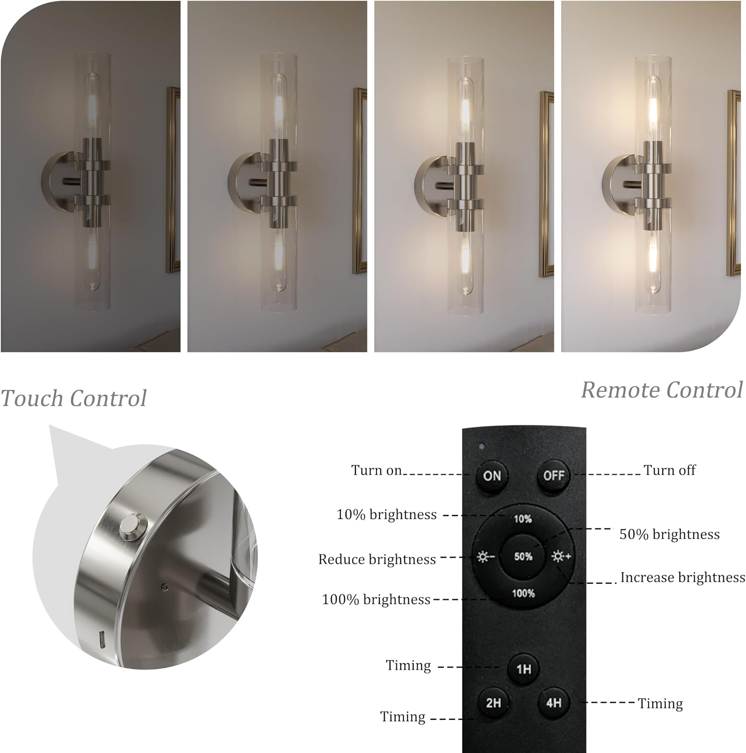 Rayogale Nickel Wireless Battery Operated Wall Sconce with Remote Control | Dimmable Rechargeable Wall Lights Set of 2