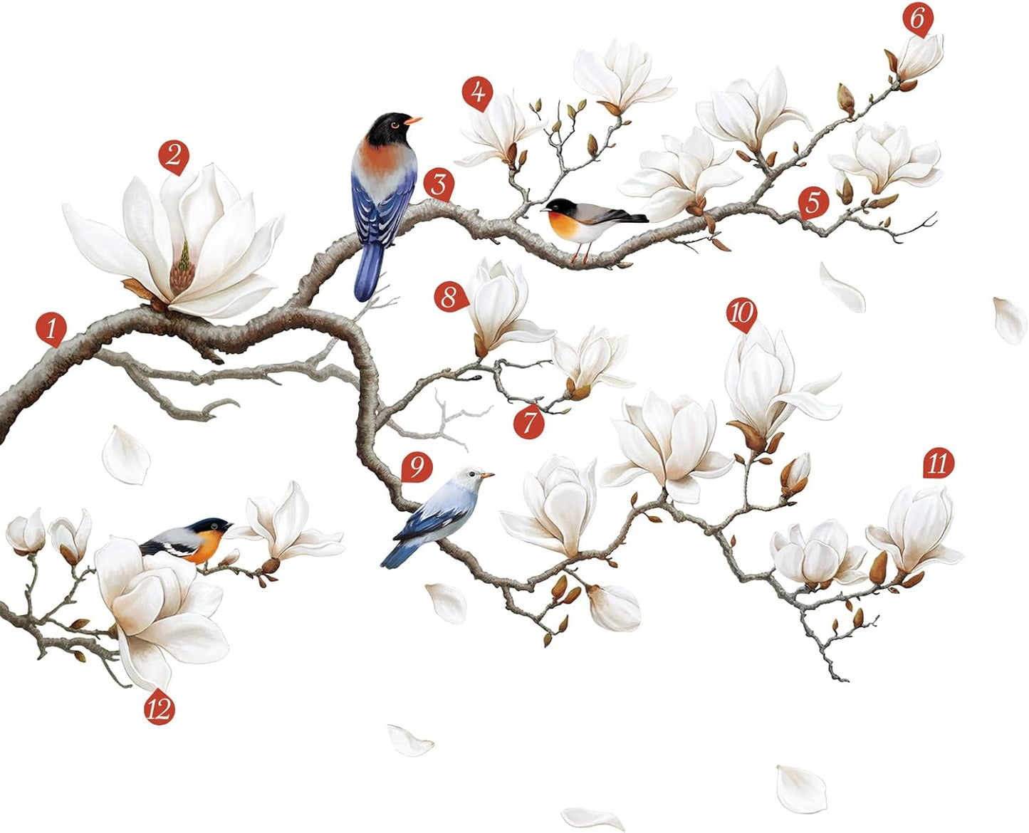 Branches Corner Wall / Left Magnolia Flower / White