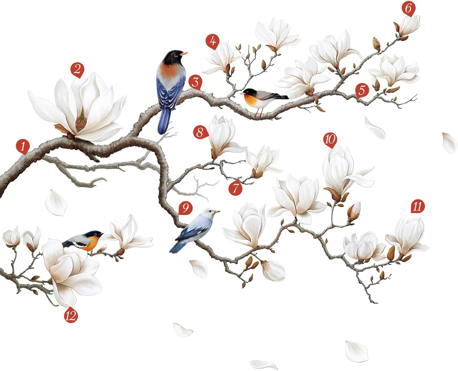 Branches Corner Wall / Left Magnolia Flower / White