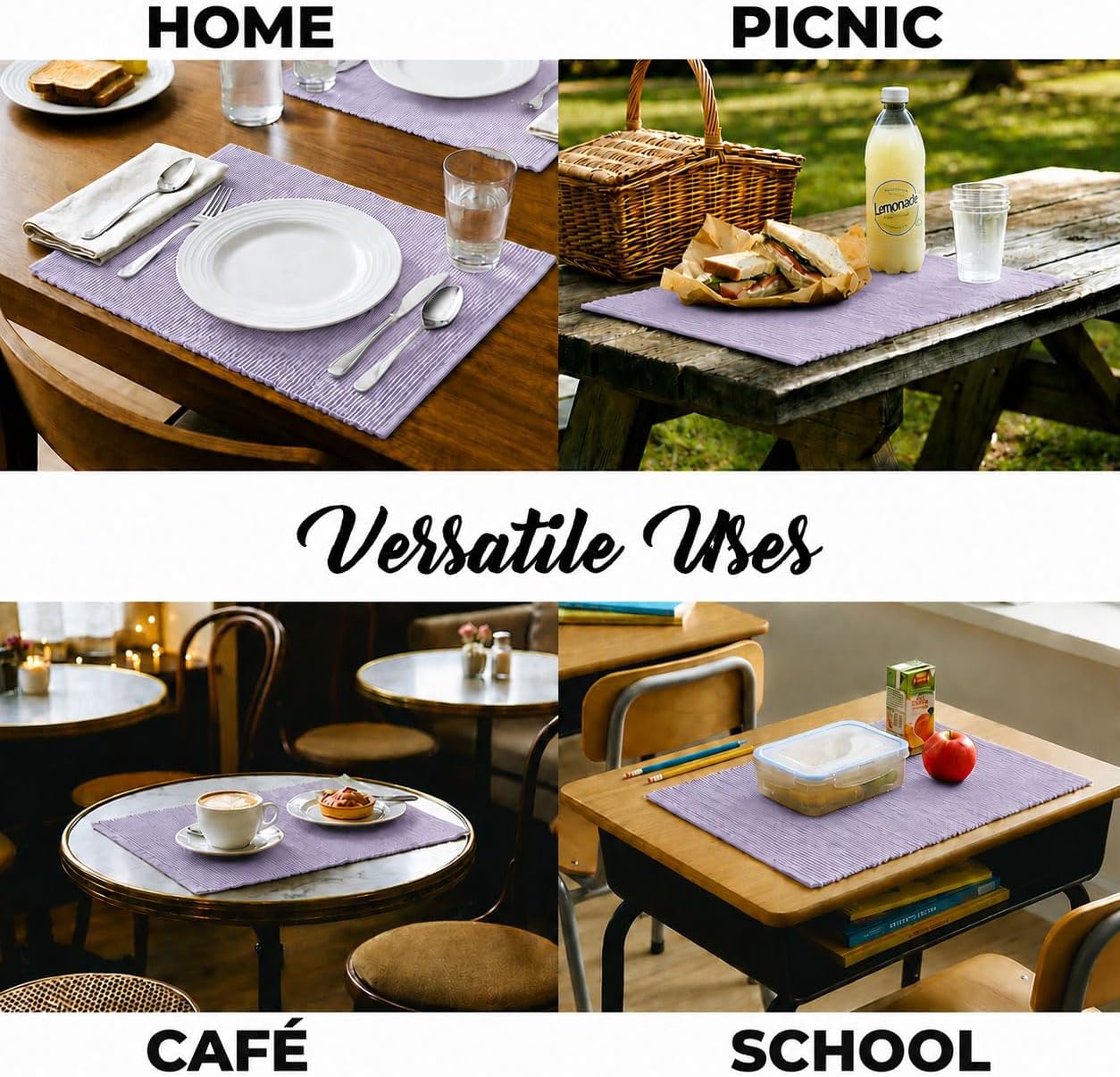 100% Cotton Ribbed Placemats - Set of 8-13 x 19 Inches - Purple - Everyday Cloth Table Mats - Thick Construction